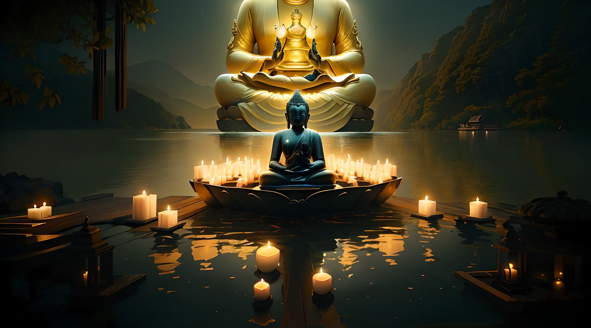 buddha statue sitting on a boat in a lake with floating candles, floating in a powerful zen state, buddhist, buddhism, on path to enlightenment, hindu stages of meditation, tithi luadthong, on the path to enlightenment, portrait shot, the buddha, zen meditation, buddhist monk meditating, spiritual enlightenment, monk meditate, buddha, meditation, background artwork