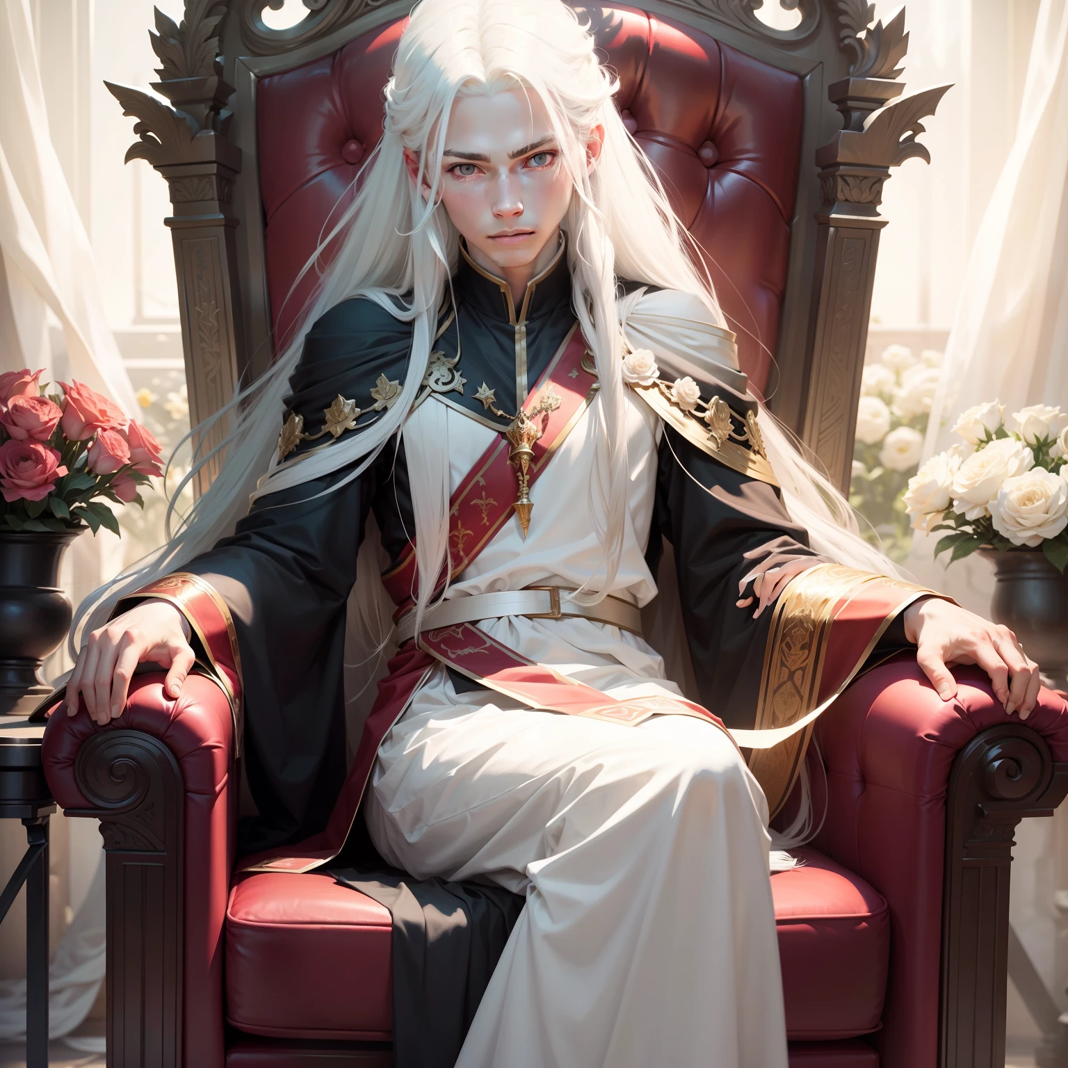 Two-dimensional style，High- sharpness，1boys，Looks beautiful，long  white hair，red pupils，Scepter in hand，Sit on the throne among the flowers