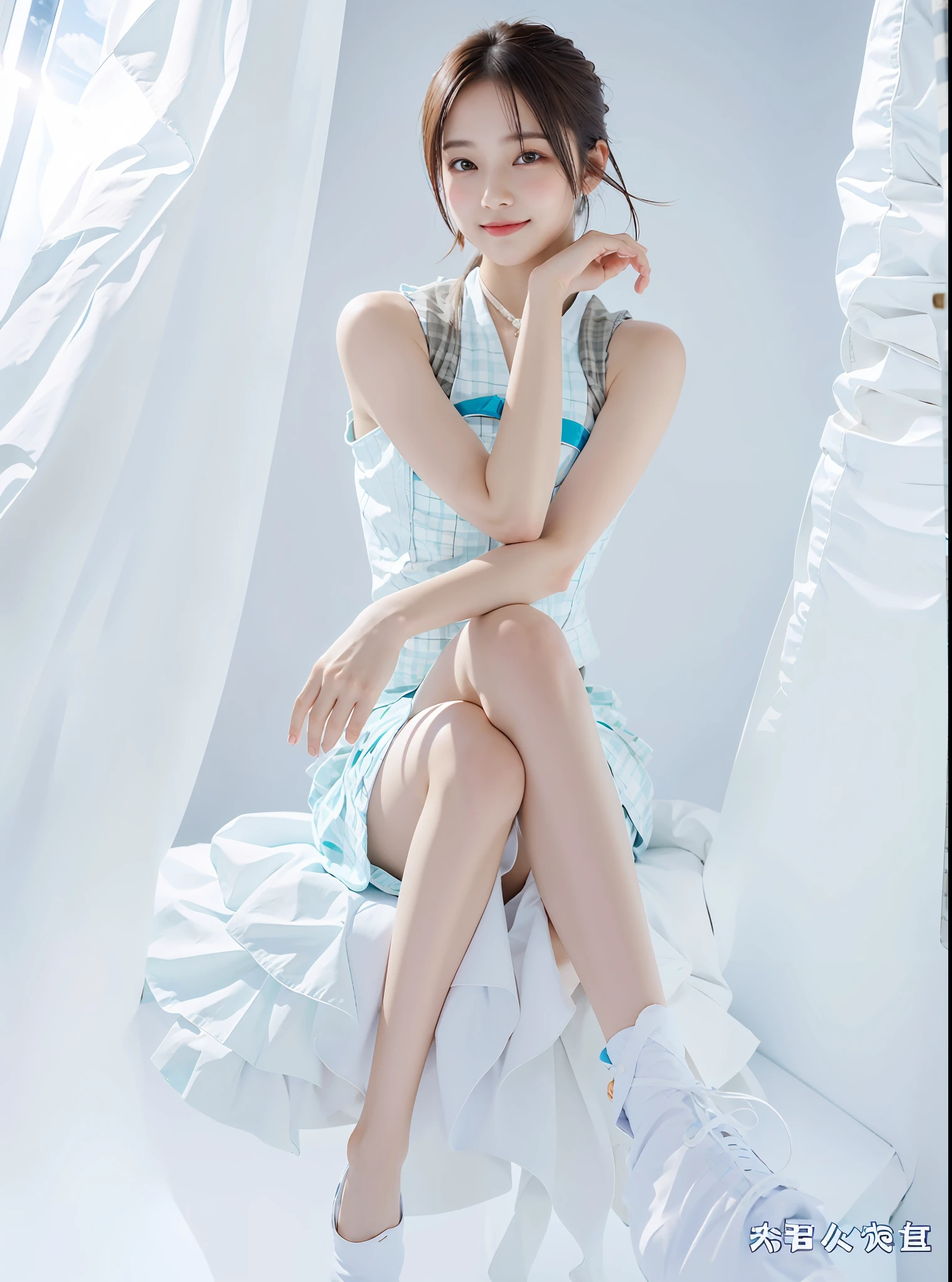 (((medium hair))), best quality, 8K, HDR, highres, absurdres:1.2, blurry background, bokeh:1.2, Photography, (RAW photo:1.2), (photorealistic:1.4), (masterpiece:1.3), (intricate details:1.2), 1girl, solo, japanese girl, delicate, beautiful detailed, (detailed eyes), (detailed facial features), petite, (((small breasts))), skin tight, (looking_at_viewer), from_front, (skinny), (best quality:1.4), (ultra highres:1.2), cinema light, (extreme detailed illustration), (lipgloss, best quality, ultra highres, depth of field, caustics, Broad lighting, natural shading, 85mm, f/1.4, ISO 200, 1/160s:0.75),1girl, solo, (((blue vest))) smile, ((school uniform, pleated skirt with checker pattern, classroom))