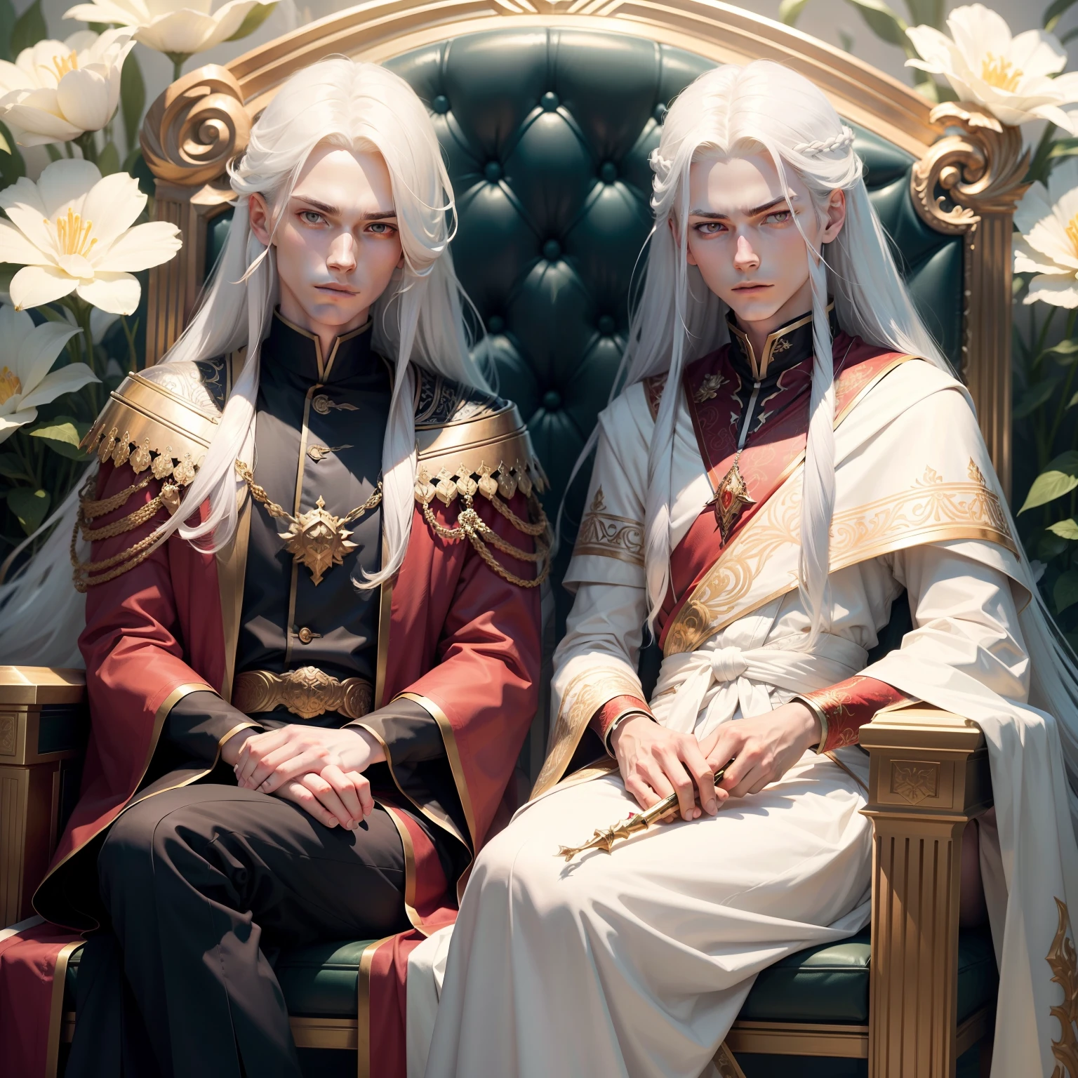 Two-dimensional style,High- sharpness,1boys,Looks beautiful,long white hair,red pupils,Scepter in hand,Sit on the throne among the flowers
