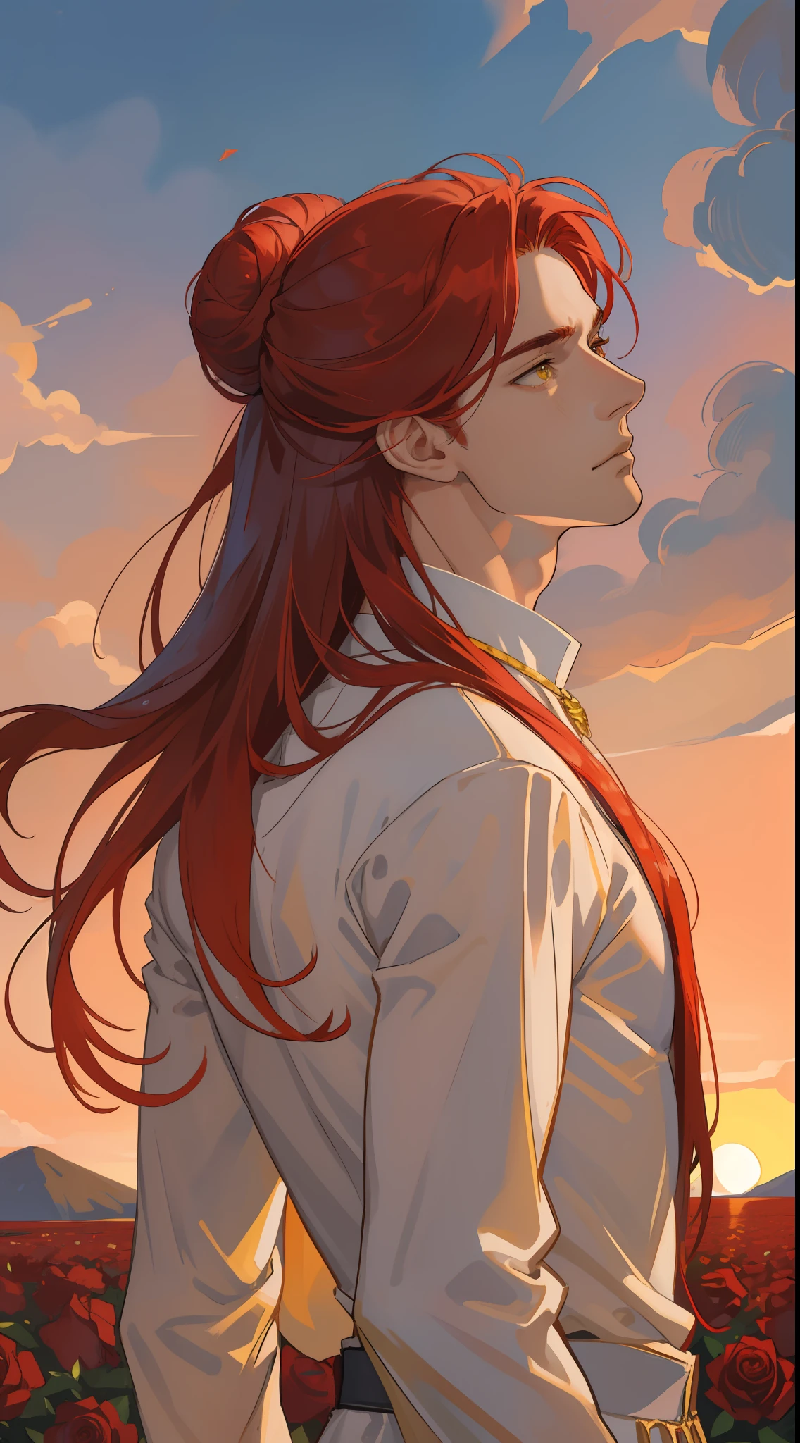 masterpiece, best quality, realistic, 1man, male focus, male model, tall muscular, handsome, closed mouth, simple clothes, portrait, extremely detailed face, low bun red hair, long hair, flying bangs, yellow eyes, sunset background, simple background, SIDE VIEW, looking at the viewers, view from the back, roses field, MALE ONLY, MALE