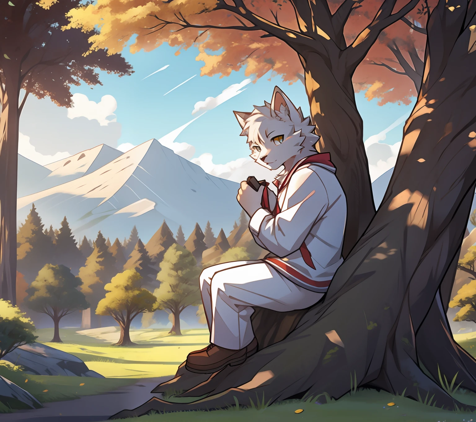 A fluffy white cat sits near the roots of a tree on the side of the mountain