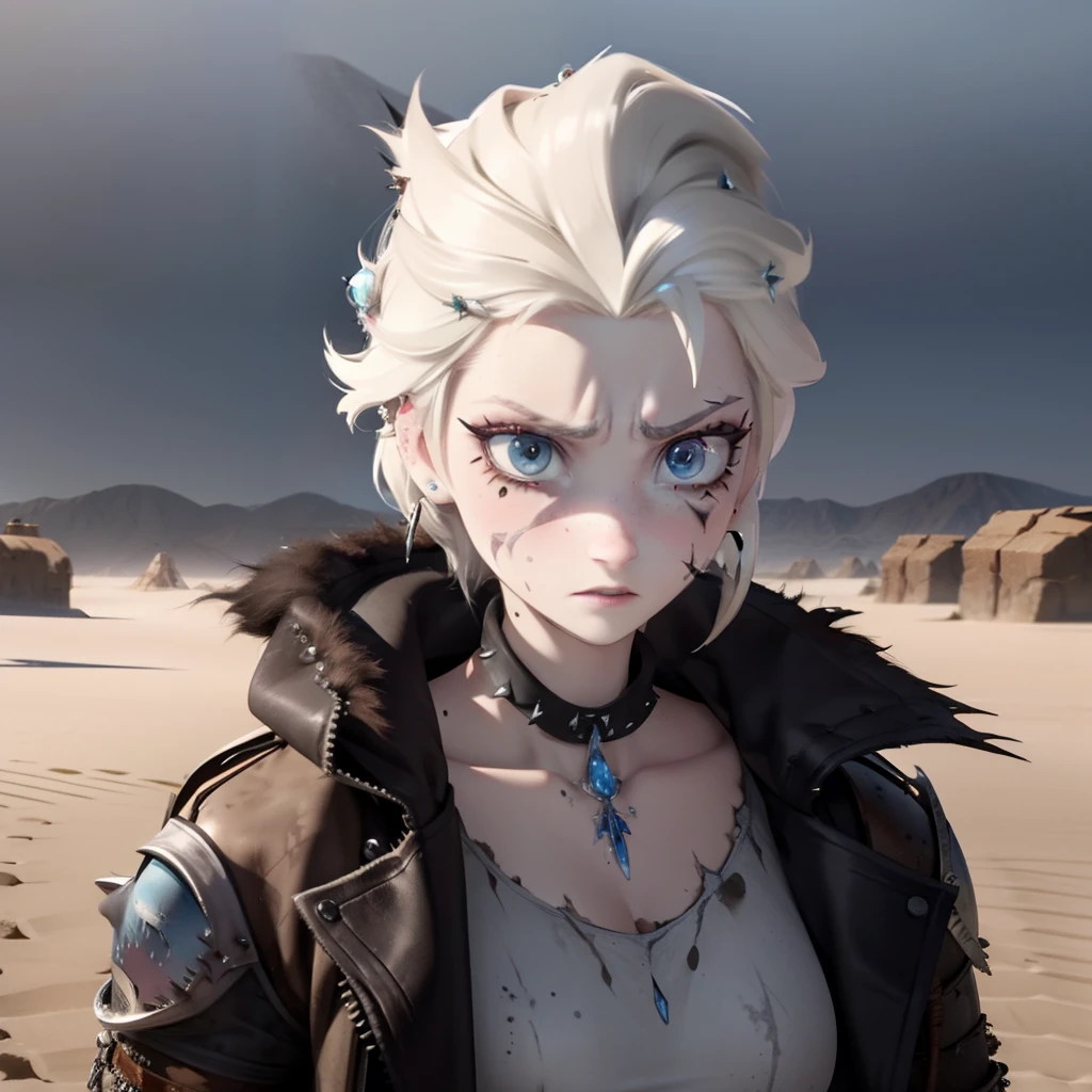 Elsa, post apocalyptic, desert, mad max, scarred, Post apocalyptic desert wasteland, Mad max, ear piercing, nose ring, gothy, torn clothes, Long jacket, ice pendent, scarrred, scarred, scarred, bruised, beat up, scarred