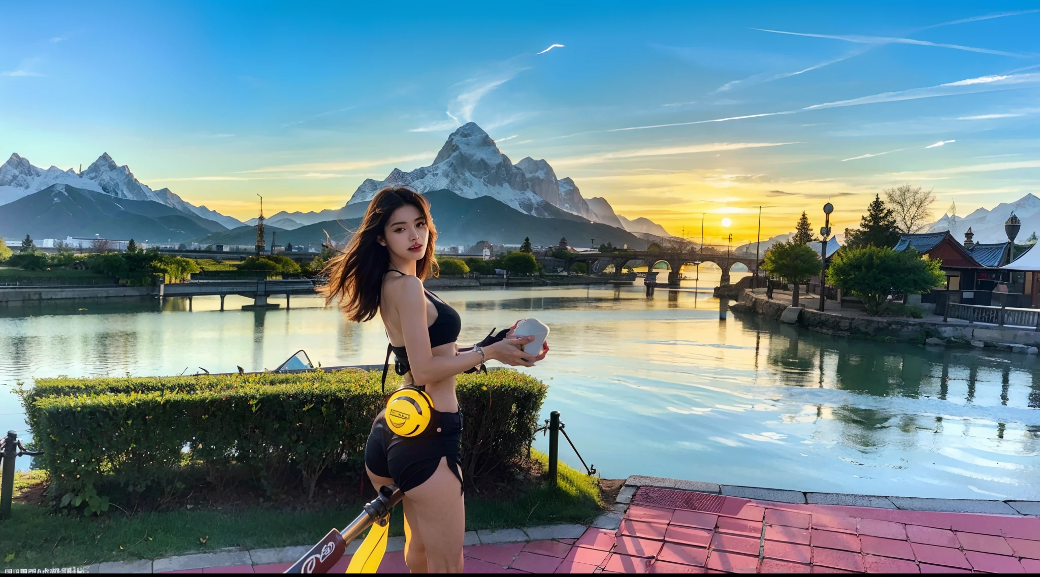 Ultra-grand scenes,The ultra-wide-angle lens captures the appearance of the adventurer girl on location。The adventurer girl can always quickly change clothes for scene elements,And the change in clothing does not affect the display of her physical characteristics。The adventurer's extremely tall body has a tight and extremely concave S-shaped curve,Visual effects are exaggerated,The sternum of the adventurer mother narrowed and tightened,Abdominal coarctation and tightening,The waist narrows and tightens,to accentuate the slender lines of the waist and abdomen,And make her K-cup teardrop-shaped giant chest tightly restrained by the equipment strap。The adventurer's crotch is delicate and dexterous,But the buttocks are muscular,The silhouette is upturned and the thigh seam is deep,The pubic outline is pronounced。The adventurer's length is 67 percent taller than the bursting long legs%,The length is even taller than a normal person,And the hips and legs have round and beautiful lines。With tough and coquettish facial features, she is always as cheerful as the sun,Skyscraper Heels, a multifunctional off-road style with a strong sense of technology, was stepped on by her,Sometimes only her graceful figure can be seen,But her eyes shining like flame were always bright,She wears delicate and practical field gear on her hands, feet, wrists, neck and shoulders,The high-tech detection equipment flashes a variety of cue lights and neon-like information light screens,Let her always be surrounded by a charming colorful brilliance。Use Midjourney's advanced stroke tools and color palettes, as well as tools like texture packs and model packs, to create special bodysuits that inspire adventurers,While having good performance,Reflect the unique physiological characteristics of the adventurer in different postures and handle the corresponding appearance details,Make the picture look more coordinated,Add realism even further。The adventurer scenes, always offer spectacular views of these