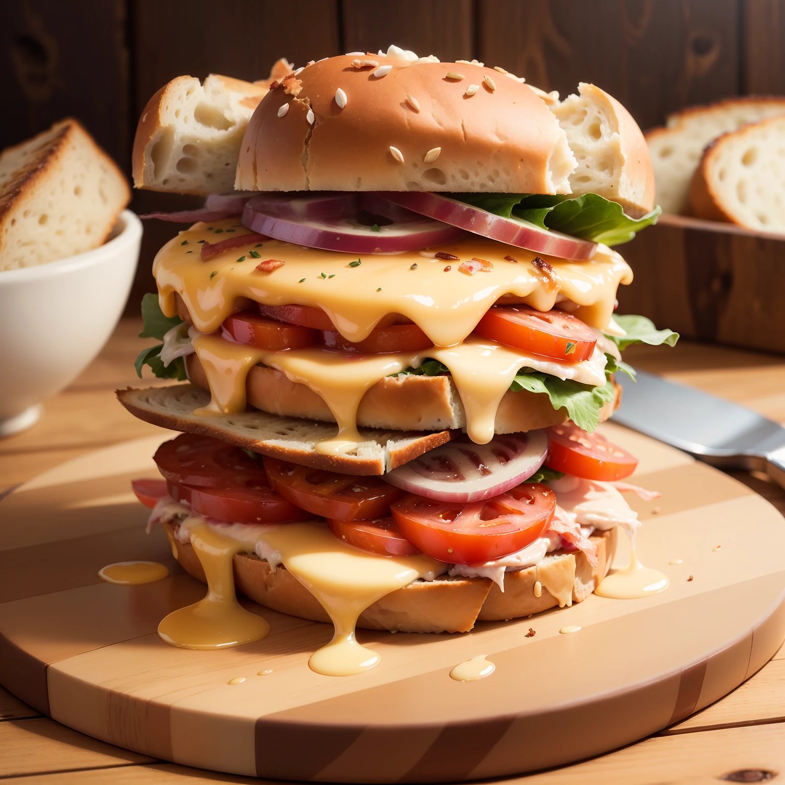 photo of a scrumptious BLT sandwich with extra bacon, (rustic diner background)+, seed bread, pepper jack cheese, (intricate details:1.12), hdr, (intricate details, hyperdetailed:1.15)