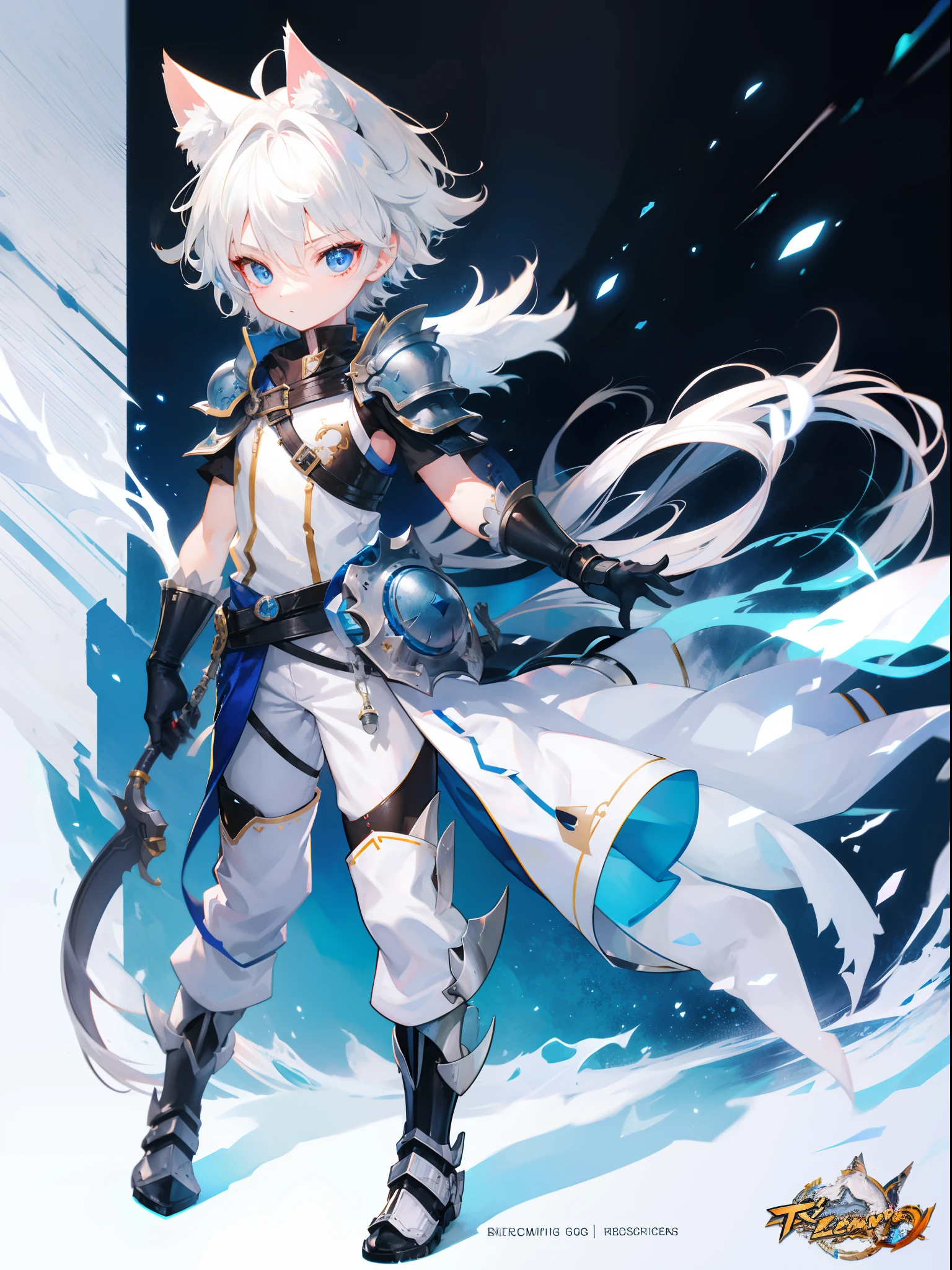 Game CG，8K quality，((A **********))，juvenile sense，Handsome，Anime male protagonist，Young，Cat ears，Headband，Shoulder blades，Blue full body armor set，White armored gloves，White trousers，Racing boots，Fight，The brave，Light and shadow effects，Full body like，zori