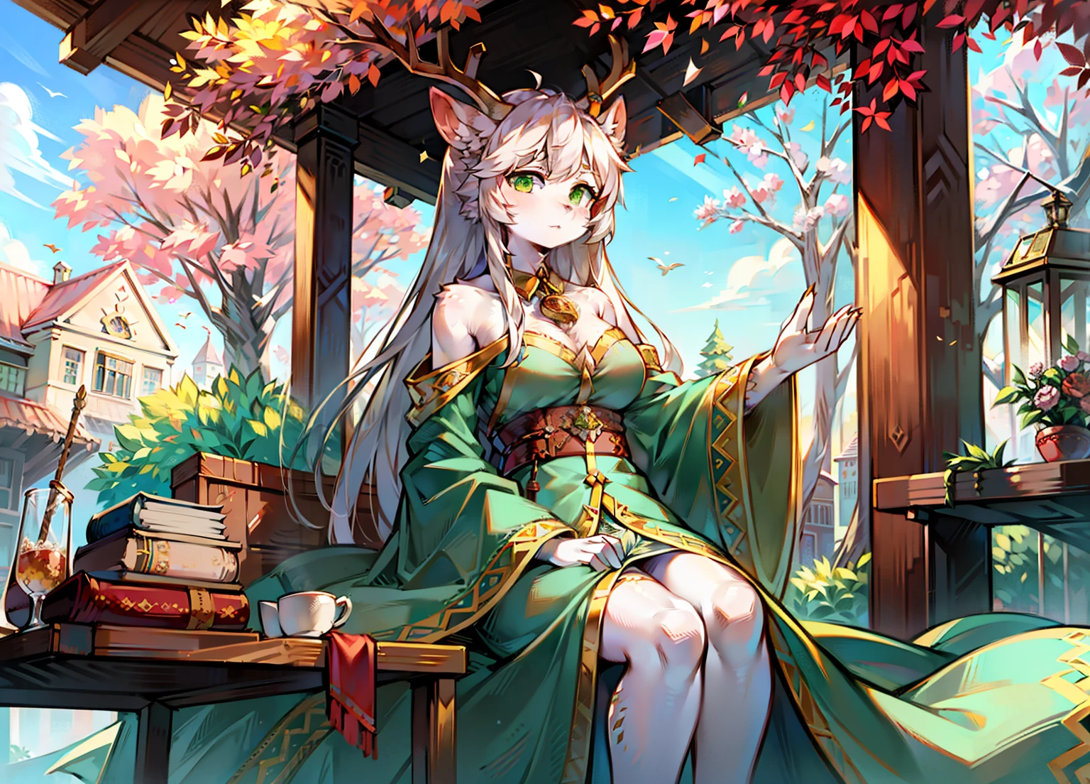 Adult white deer,femele,Sewing,Sit in the gazebo,long whitr hair,Weaver,Sewing,Green robe,Huge antlers,gentleness,Sewing,mothers,k hd,naive,Oranges placed on the table,There are several books on the table,Sewing,oranges,A peach tree and an orange tree,White color hair,monocle,Green eyes,Older,solo person