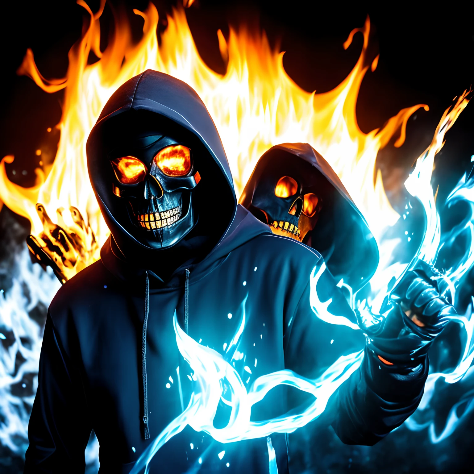 Solo, Blue eyes, 1boy, Upper body, Male Focus, skull, hoods, Mask, blazing, fire, Black background, gauntlets, cloaks, 1other, Hood Up、Milky way、Splash、Irridescent color