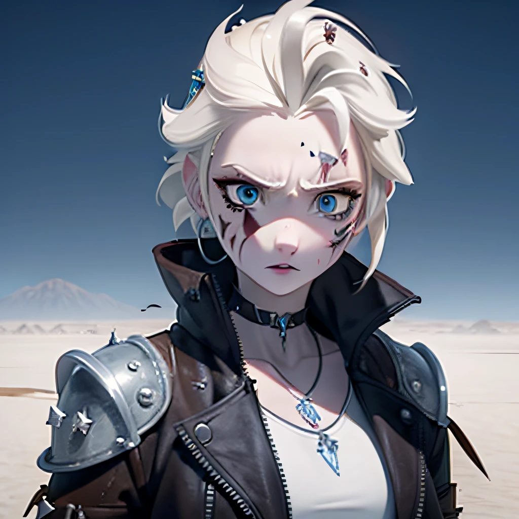 Elsa, post apocalyptic, desert, mad max, scarred, Post apocalyptic desert wasteland, Mad max, ear piercing, nose ring, gothy, torn clothes, Long jacket, ice pendent, scarrred, scarred, scarred, bruised, beat up, scarred