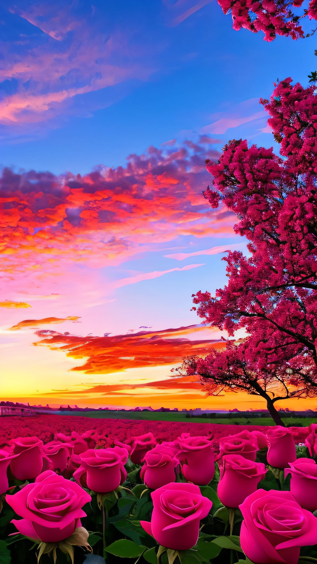 primavera, rosas coloridas, sun sunset, beautiful sky