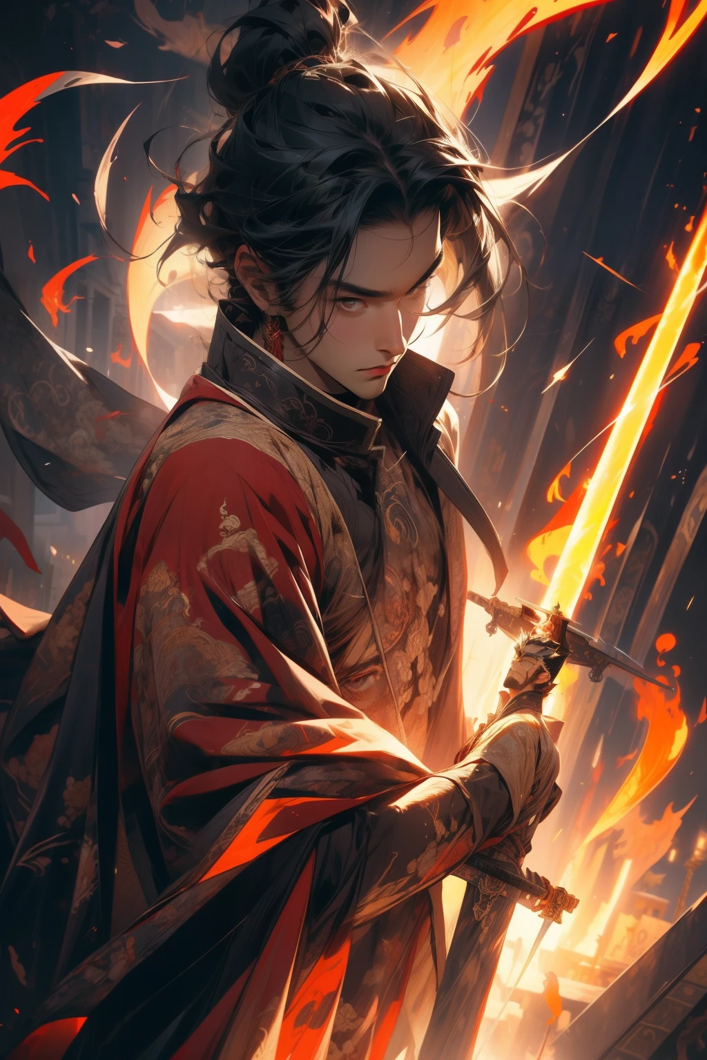 tmasterpiece，Best quality，1 man，Holding a precious sword，Burning flames，with light glowing，The background is the ancient city，