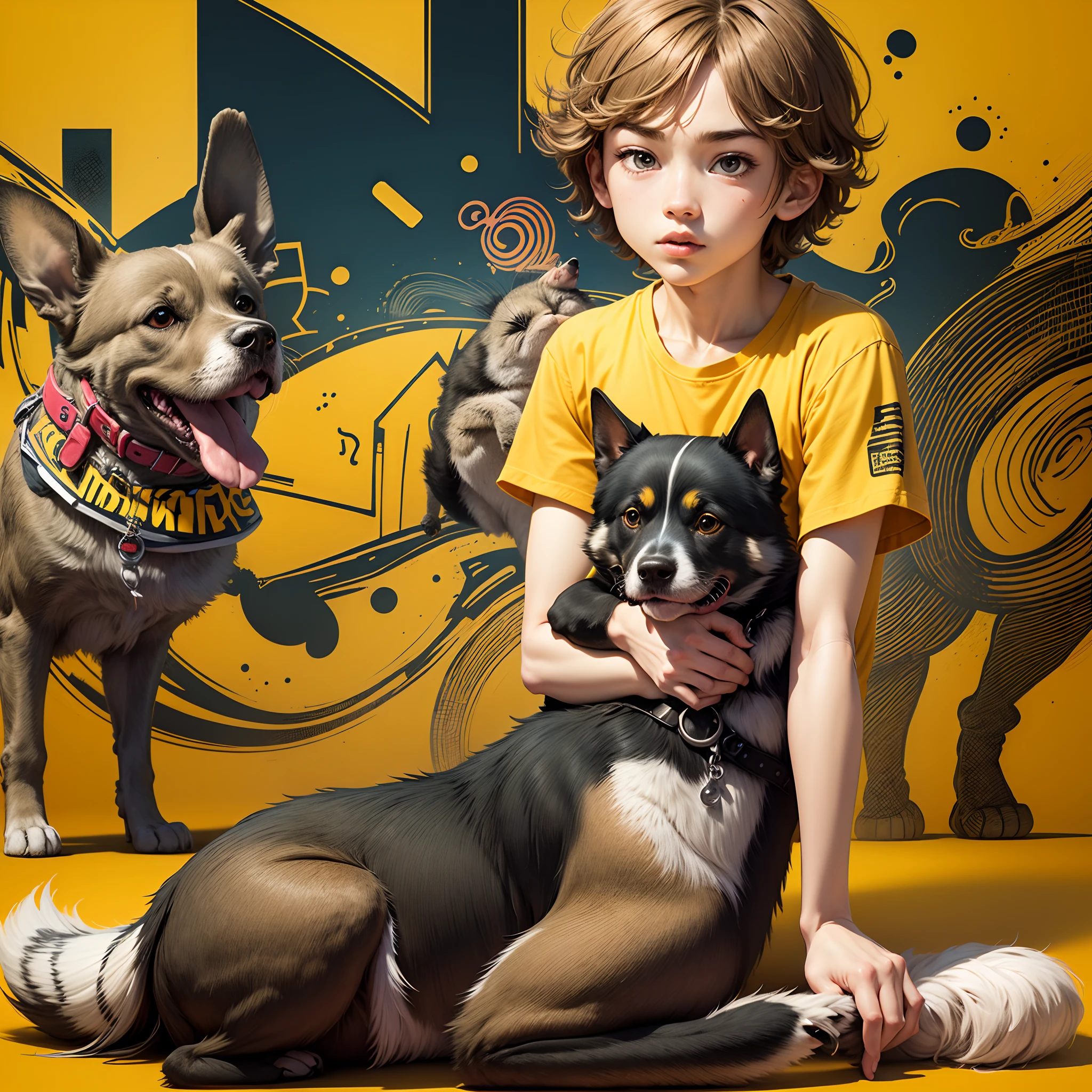 cute cartoon boy is wearing short sleeves and holding a dog, full body, yellow background, doodle in the style of Keith Haring, sharpie illustration, bold lines, in the style of grunge beauty, mixed patterns, text and emoji installations --auto --s2