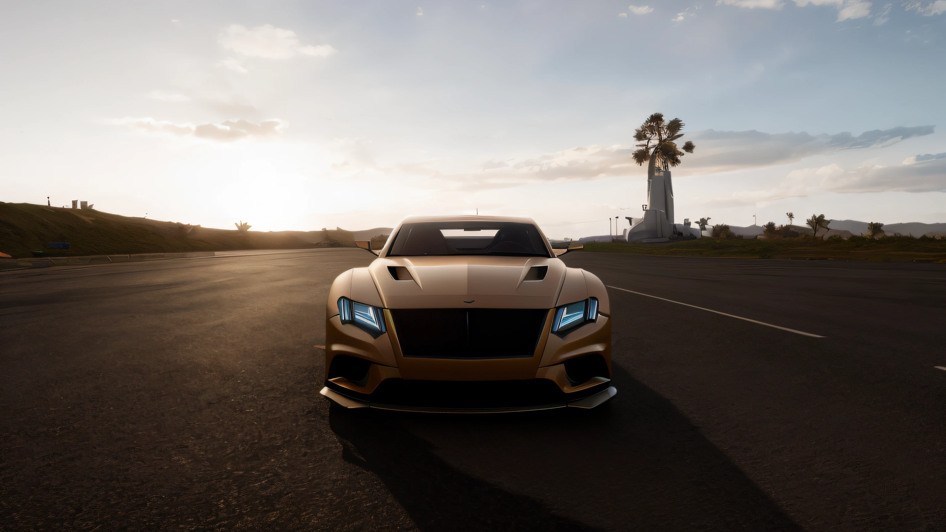 The Aalfid car was parked on the road，Concept car，The car of the future，The background is sunset, cinematic front shot, made in unreal engine 4, made in unreal engine, The octane engine renders 8K HDR, 8 k octane comprehensive render, 8k octane unreal render, made in unreal engine 5, octane 8k render, octane 8 k render, Realistc octane render