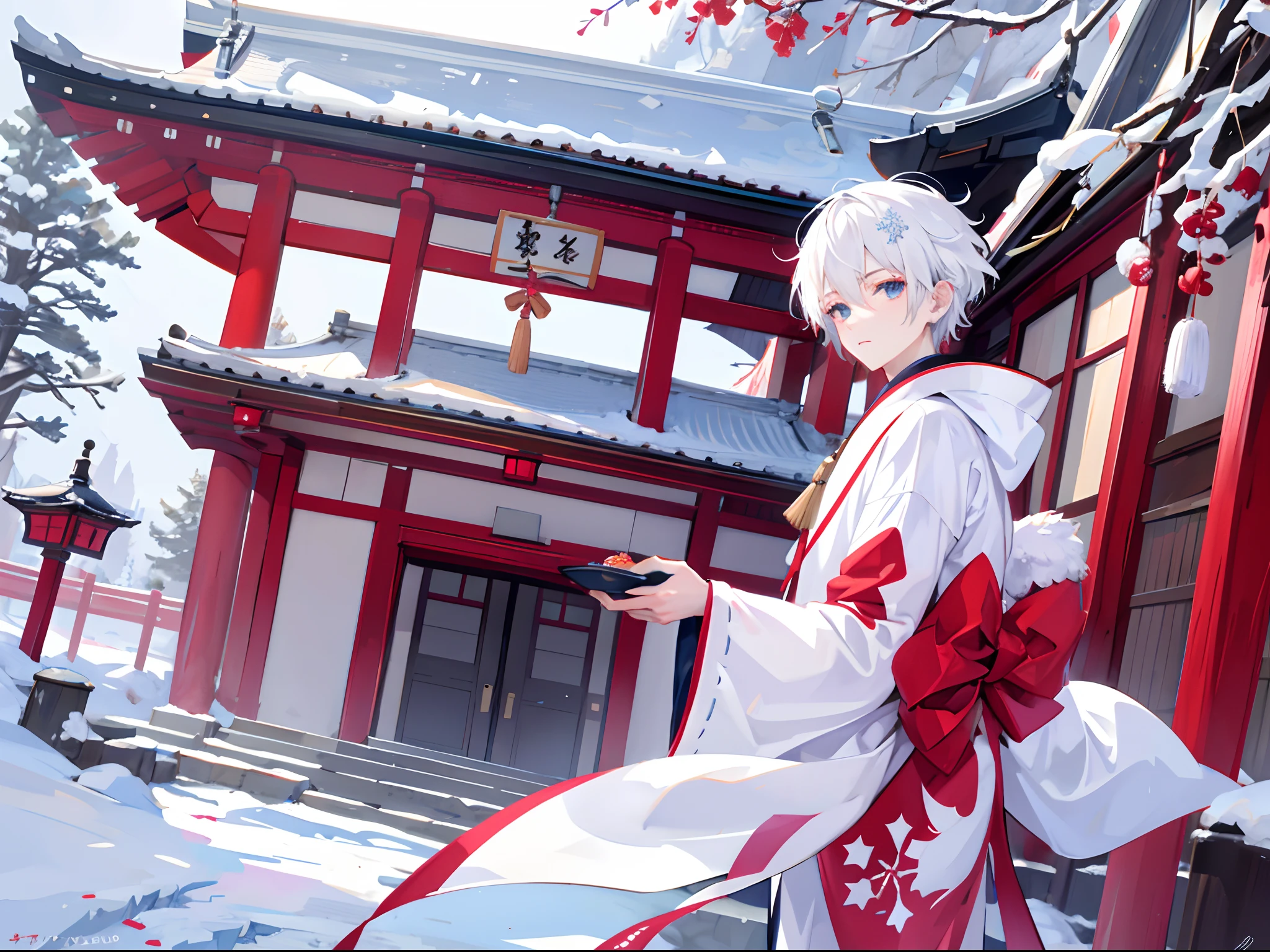 1boy,mascular,with short white hair,Kimono with white,Snowflake decoration。shrines,snow cover