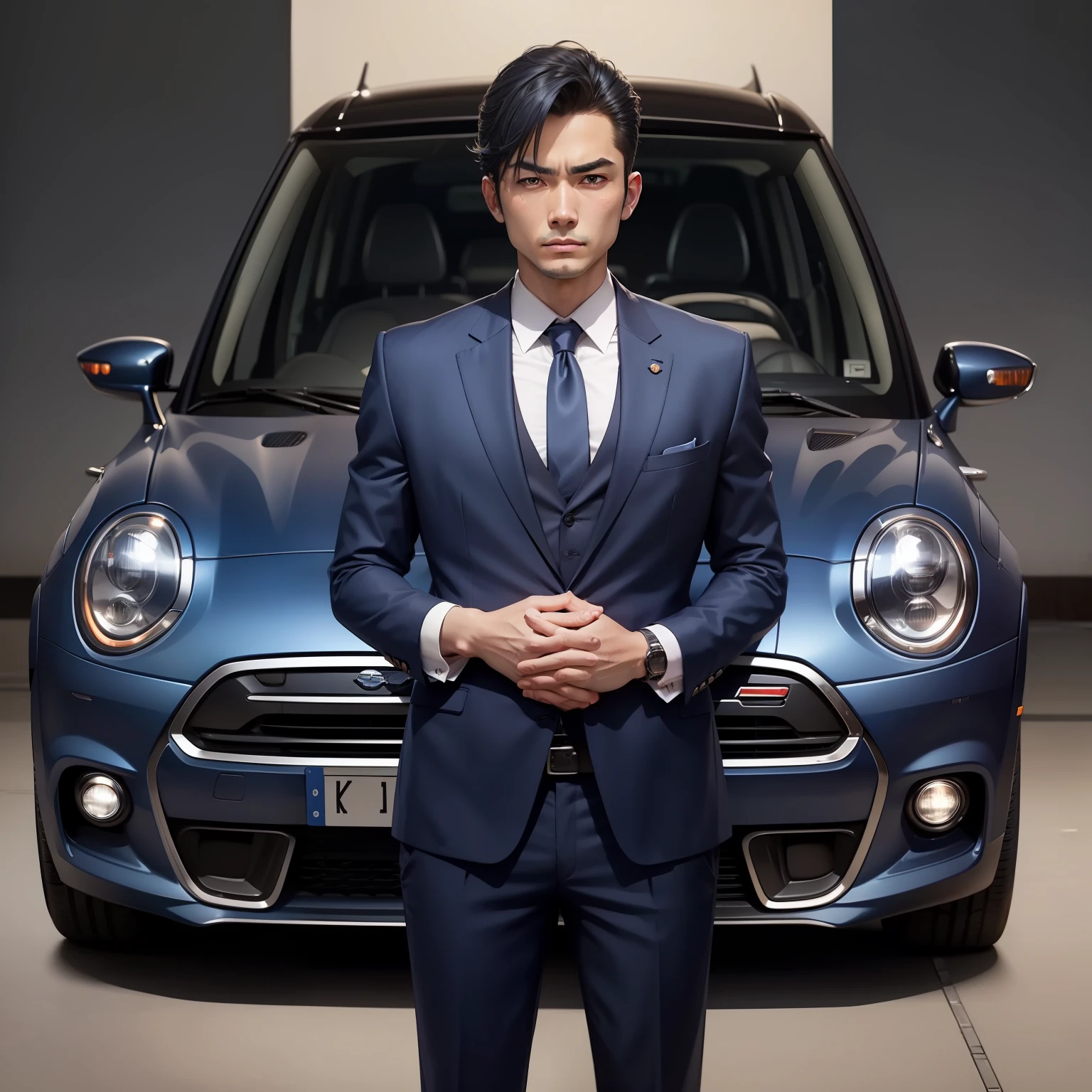 Car Shop dealer salesman japanes ember Wearing a navy blue suit Both hands are politely folded at the navel The eyes and nose are clear.、dual The background is a mini car