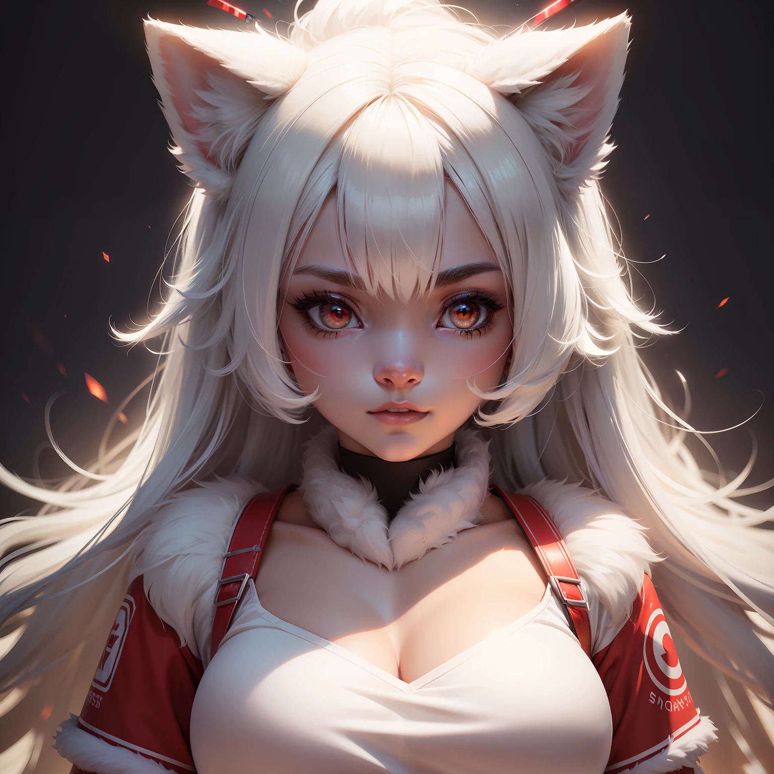 furry, white fur, ultra cute face, red elements on fur, glowing t-shrt, beautiful lights and shadows, ambient light, ultra detailed fur, volumetric light