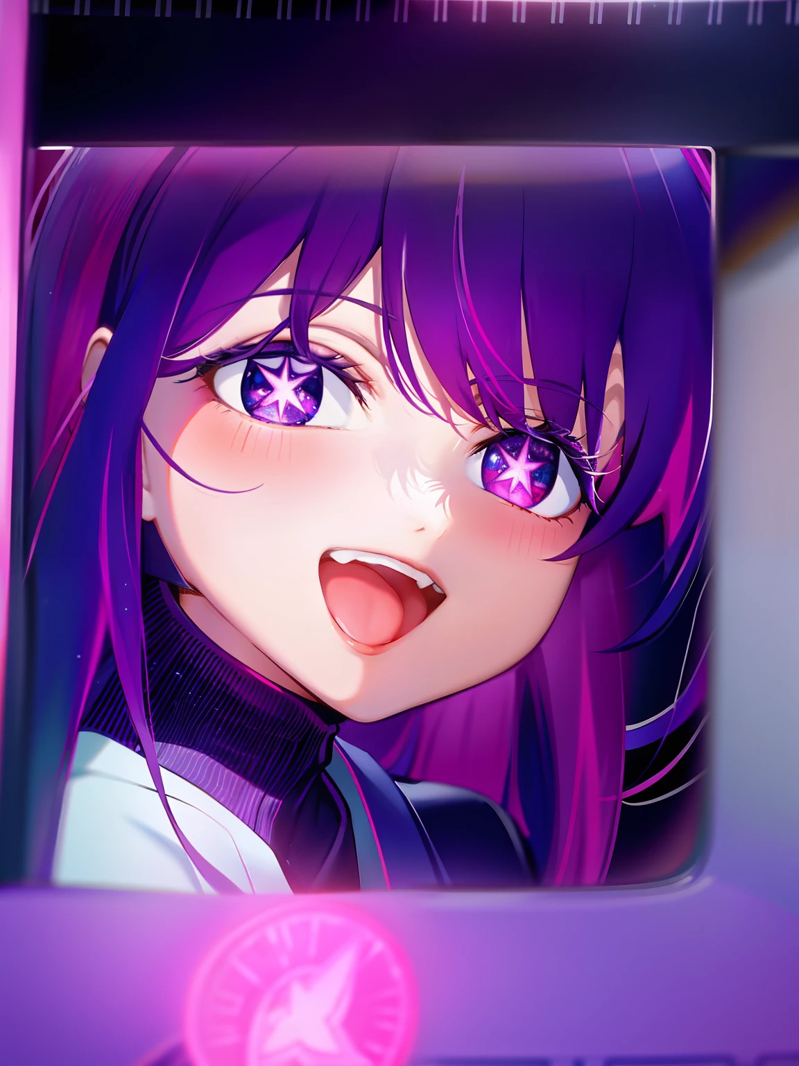 (best-quality:0.8), (best-quality:0.8), Perfect anime illustration,Extremely close-up of beautiful women passing through the city,Purple colored hair,Star Eyes