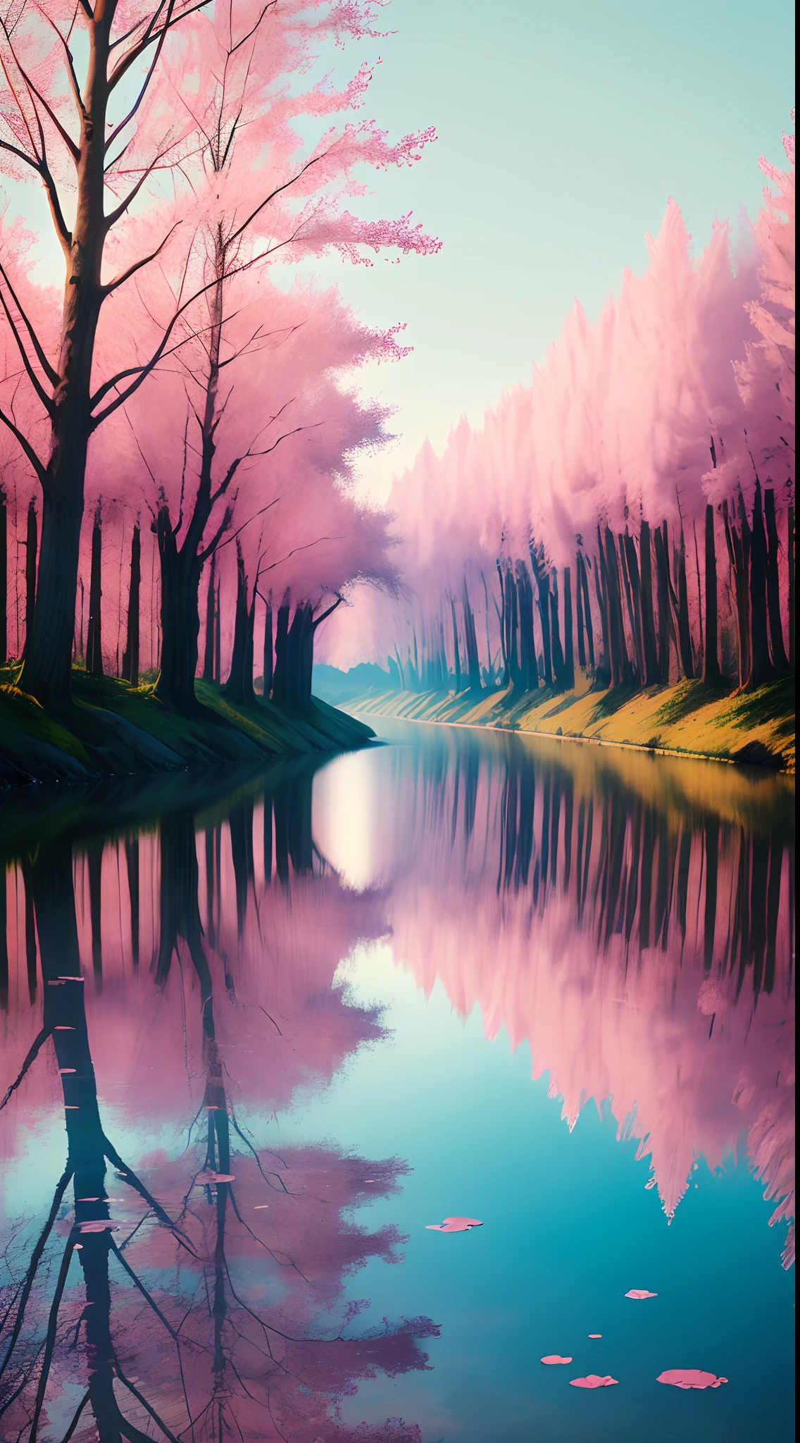 pink trees，There is water under the trees，There are reflections in the water