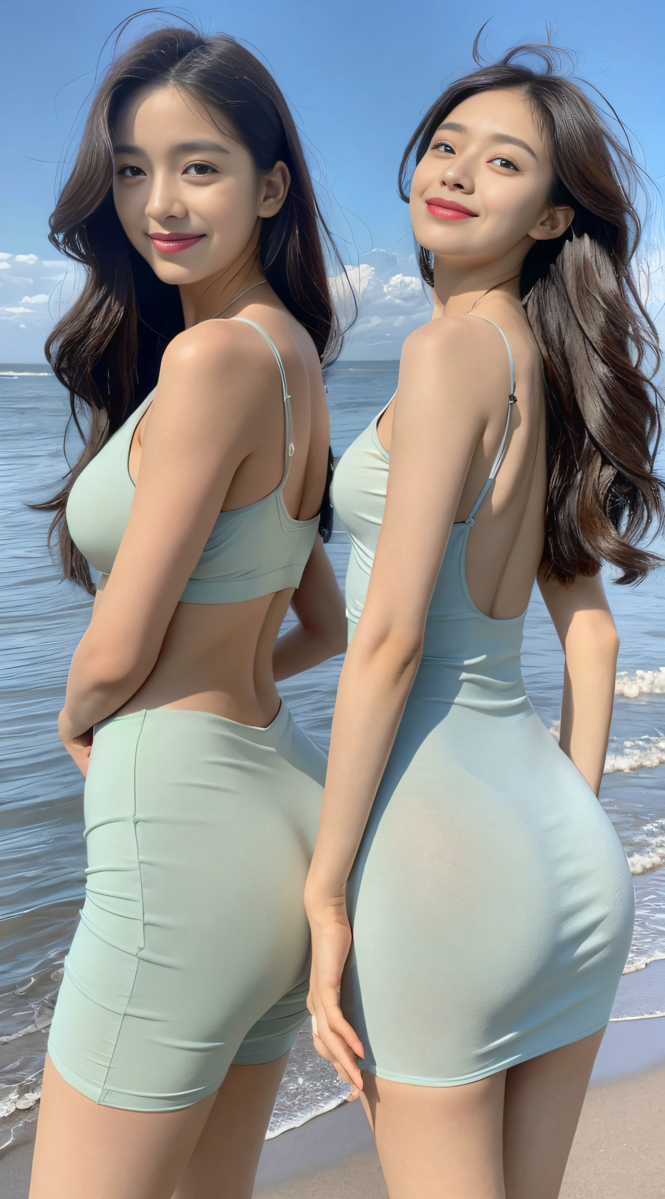Works of masters,Ultra-clear image quality,Better quality,high detal,8K,Delicate and detailed facial features,Exquisite and detailed face shape,Heavy makeup,Absolutely beautiful(In the daytime, Need, tmasterpiece:1.3,A high resolution)), long leges, Focalors:1.2,(( with blue sky and white clouds:1.2)), Highly detailed face and skin texture,Bright red lips, Movie lighting, Sunny beach in the background,Have by the sea,((gigantic hip)),(((perfect body figure))),((smiling expression)),watery big eyes,long eyelasher,Small upturned nose,((Cherry small mouth:Red high-gloss lipstick)),Fair skin,Full body like,Precise accuracy,Precise and detailed anatomy of the human body,Elongated neck,((Thin leg,long leges)),plumw,Sheer tulle miniskirt,Side Body,gigantic hip,((Beautiful back,back,thin very long legs))((Cocked buttocks,upturned butt,Rounded butt))mid - length hair, curly bang, and loose braids on both sides((2 girls))