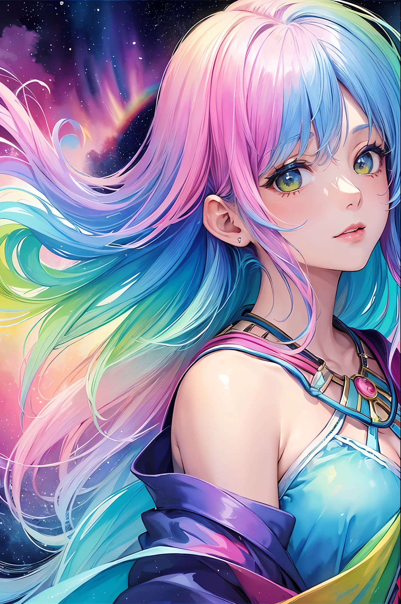 (masterpiece, top quality, best quality,watercolor (medium),official art, beautiful and aesthetic:1.2),(1girl:1.3), (fractal art:1.3),upper body, from side, looking at viewer,patterns,(rainbow color Hair,colorful hair,half blue and half pink hair:1.2),water,liquid, cloud,colorful, starry,stars,