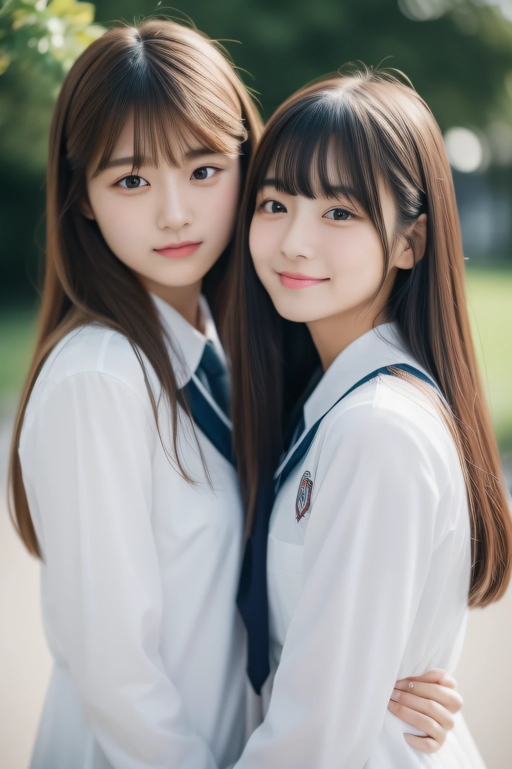 top-quality、8K、32K、​masterpiece、nffsw:1.2)、2girls、Two girls with long hair、Two beautiful Japan women、Heavy bangs、long sleeved shirt、length hair、School Uniforms