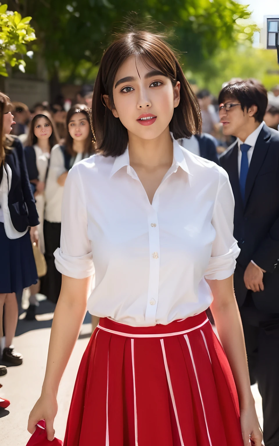 the Extremely Detailed CG Unity 8K Wallpapers、top-quality、ultra-detailliert、​masterpiece、realisitic、Photo Real、extremely detailed cute girl、sixteen years old，((skirt lift by yourself))、(large full breasts)，((Stripped string panties))、red blush、looking at the viewers、(full body Esbian)、(Japan High School Uniforms)、(big crowd)、(Crowded city)、short cut hair，(pubick hair)，sara Ali khan