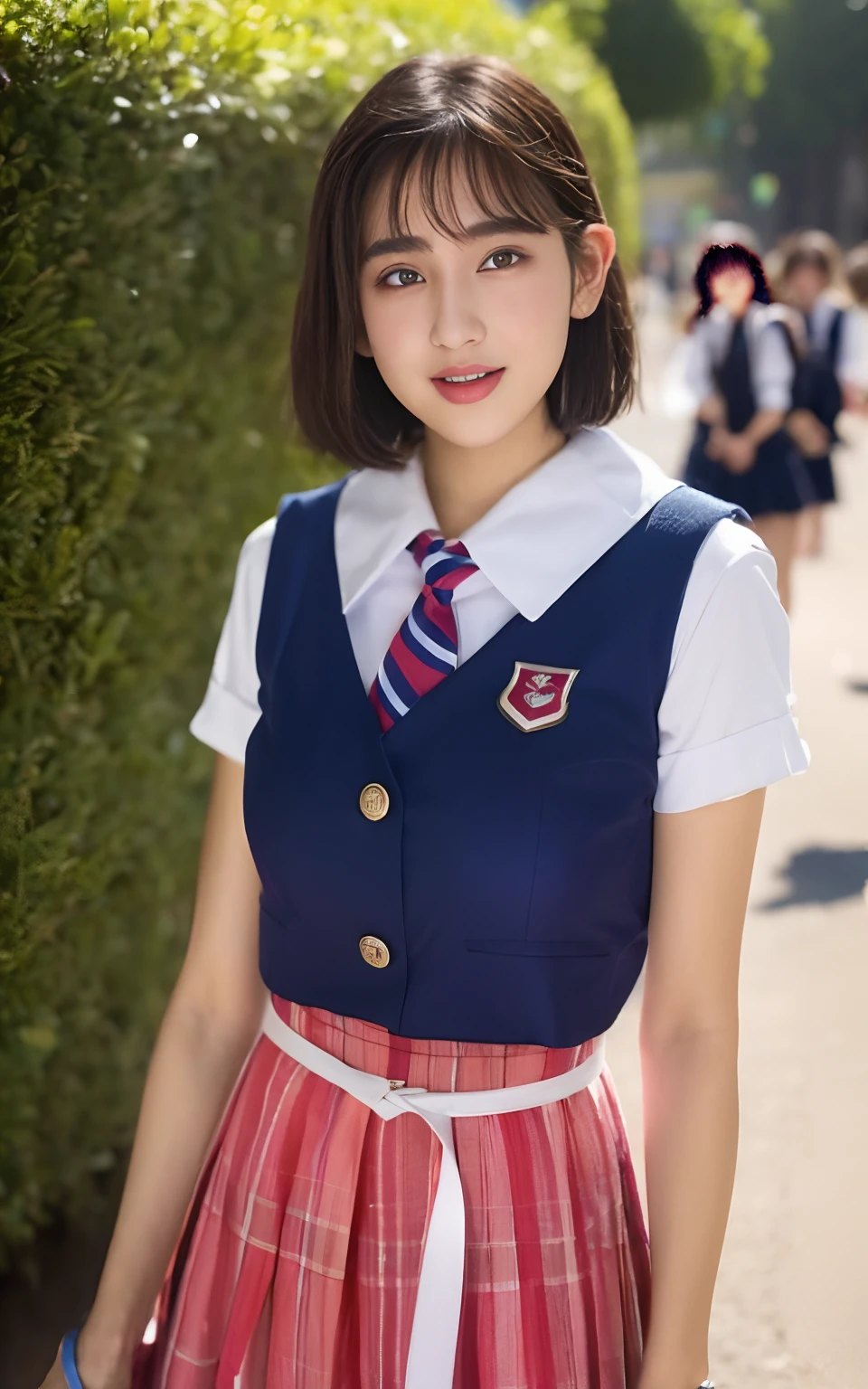 the Extremely Detailed CG Unity 8K Wallpapers、top-quality、ultra-detailliert、​masterpiece、realisitic、Photo Real、extremely detailed cute girl、sixteen years old，((skirt lift by yourself))、(large full breasts)，((Stripped string panties))、red blush、looking at the viewers、(full body Esbian)、(Japan High School Uniforms)、(big crowd)、(Crowded city)、short cut hair，(pubick hair)，sara Ali khan