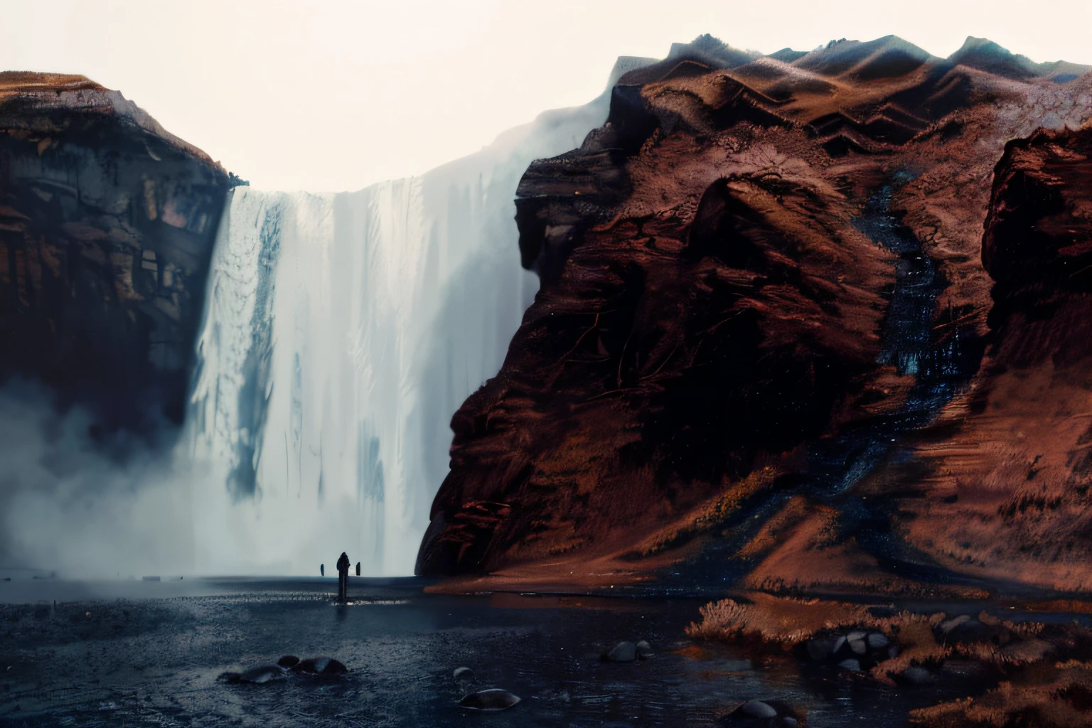 In front of the waterfall on the mountain stand people, standing in front of a waterfall, waterfall in background, huge waterfalls, standing close to waterfall, waterfall in background, Huge waterfall, several waterfalls, waterfall in background, standing inside a waterfall, huge waterfalls, waterfallr. Heavy fog, with a waterfalls, mist from waterfall