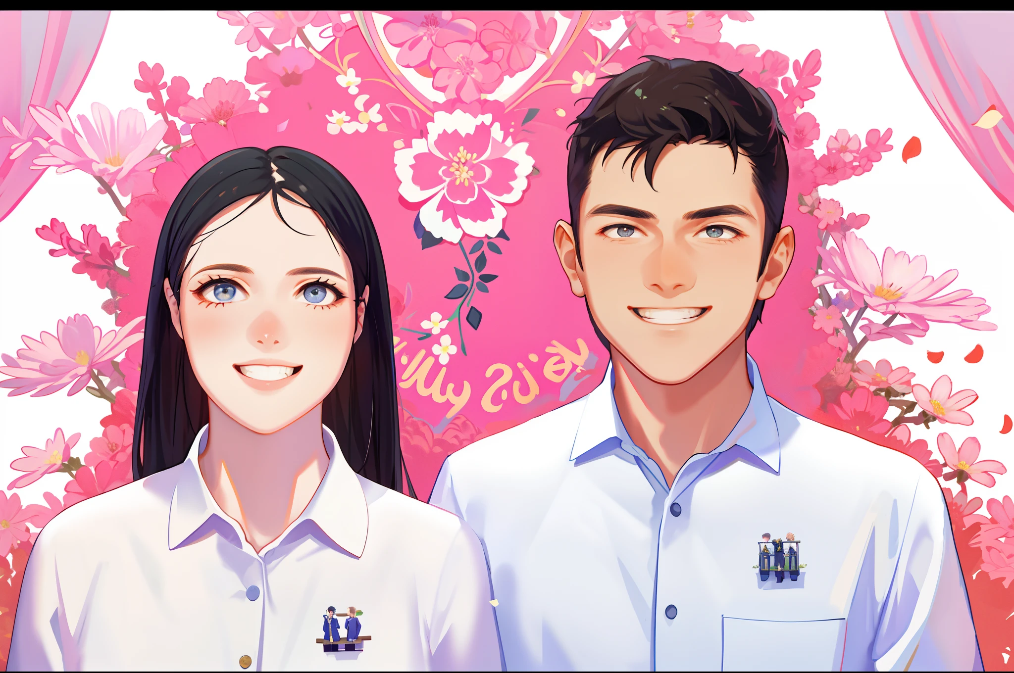 masterpiece, best quality, 2others, couple, 1man with 1woman, Height difference, happy, love, smile, flower-filled landscape