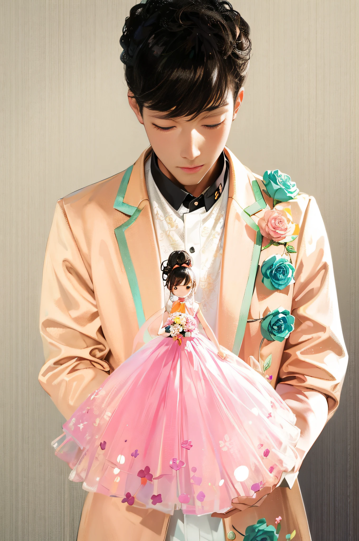 In the forest,full of sunlight,Flowers nice background,There is a man in an orange suit and pants holding a cute doll in his hand,Translucent pink doll