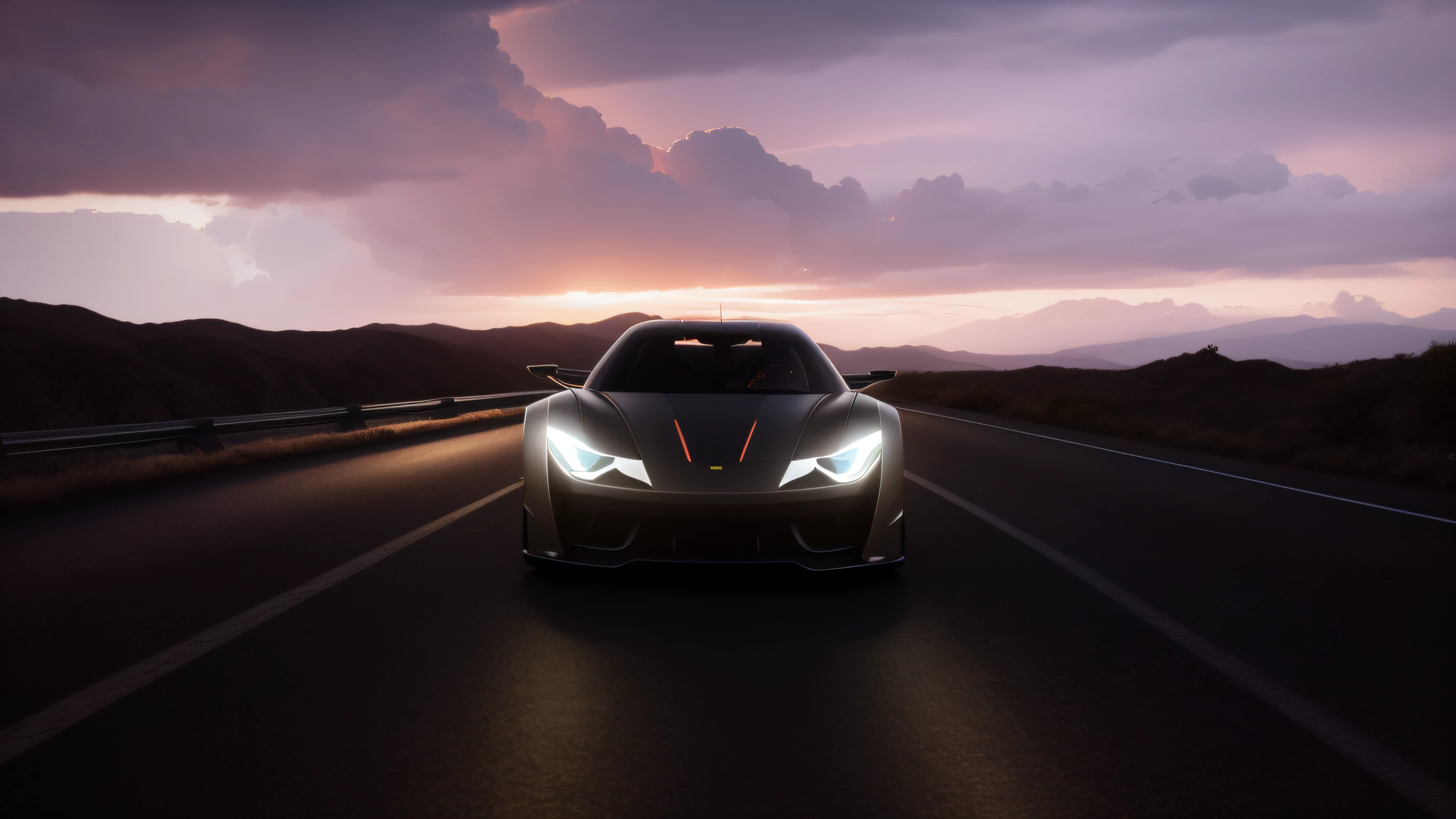 There are cars on the road at sunset, Concept car,Ultra-futuristic cars,Futuristic,cinematic front lightning, hyperealistic octane render, sunset lighting 8k, cinematic front shot, Frontlighting, photo-realistic low lighting, Octane rendering 8 K HDR, Ilok, 8 k octane render, 8K rendering by octane, ( rendering by octane ), octane 8k render, octane 8 k render, kitt
