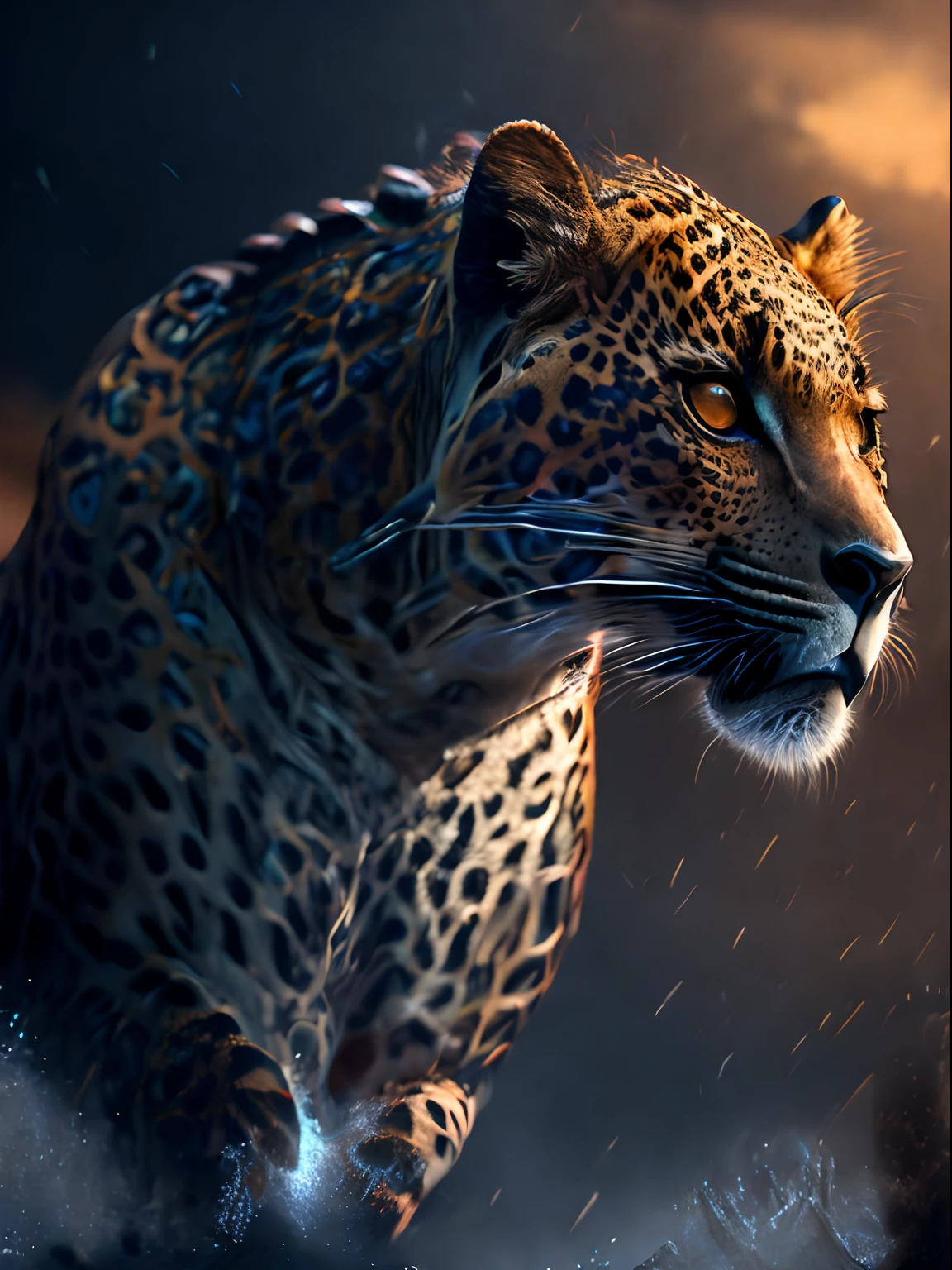 Leopard God, female, Ultra photo realsisim, Tension, Cold, Highly detailed, Sharp focus, professional, 8K  UHD, Cinematic, Dark, violent, River, battle, chase, Dramatic, Vivid, intense atmosphere, Renders, Epic, Twilight, hdr, album covers, Blizzard, Lightning, Cataclysm