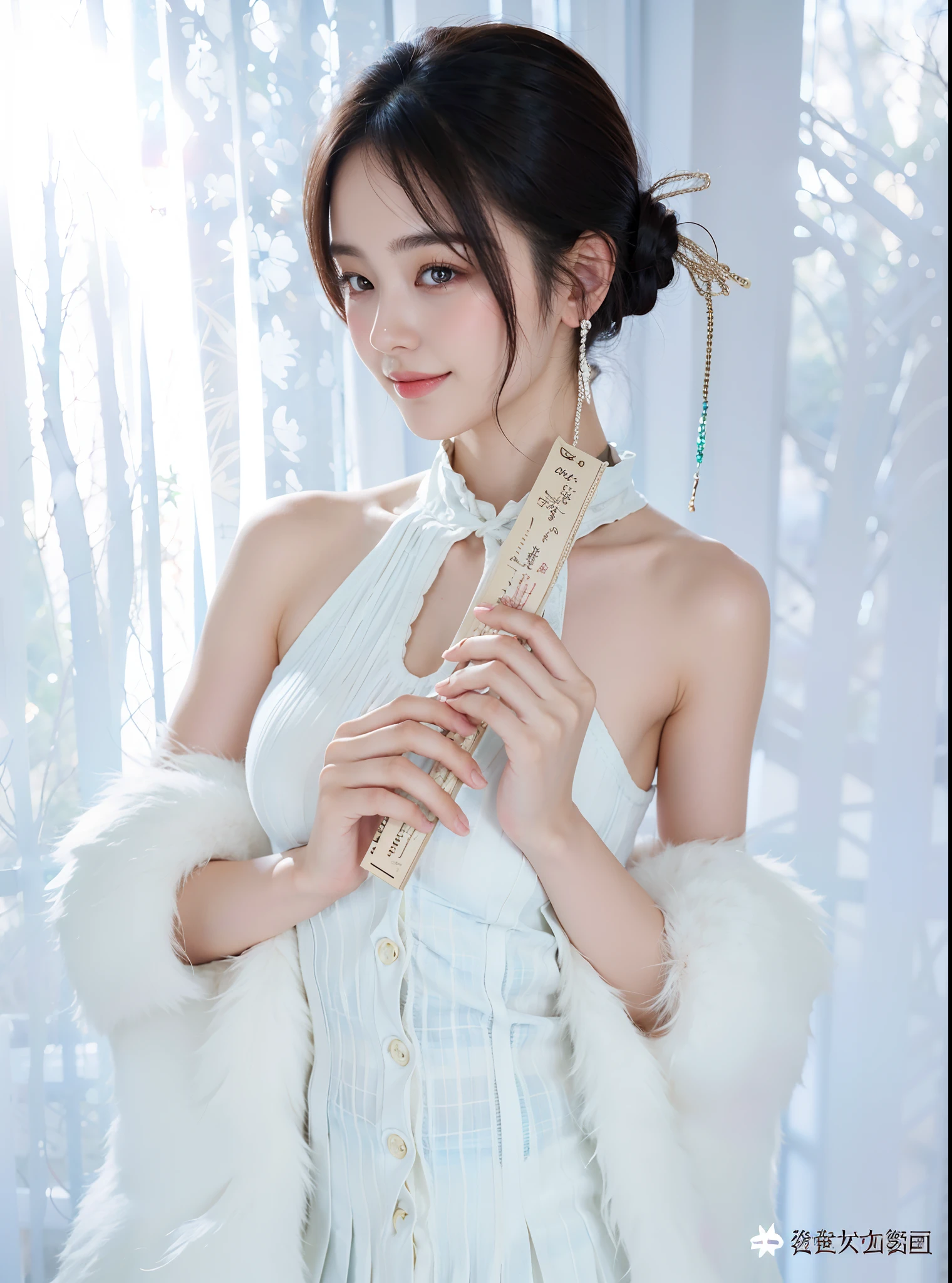 (((Medium hair))), best qualtiy, 8K, hdr, A high resolution, absurderes:1.2, blur backgroun, Background bokeh:1.2, photography of, (RAW photo:1.2), (真实感:1.4), (Masterpiece:1.3), (complexdetails:1.2), 1girll, 独奏, japanaese girl, delicated, Beautiful detailed, (Detailed eyes), (Detailed facial features), Bigboobs, (((Large breasts))), Skin Firm, (Looking_at_peeping at the viewer), From_Front, (being thin),(best qualtiy:1.4),(超A high resolution:1.2),cinematic lighitnglamplight,(Extremely detailed illustration),(Gloss on lips,best qualtiy,超A high resolution,depth of fields,Caustics,Extensive illumination,naturalshadow,85mm, f/1.4, iso 200, 1/160s:0.75),1girll, Solo, (((blue tanktop))) Smile, ((校服,Plaid pleated skirt,Classroom))