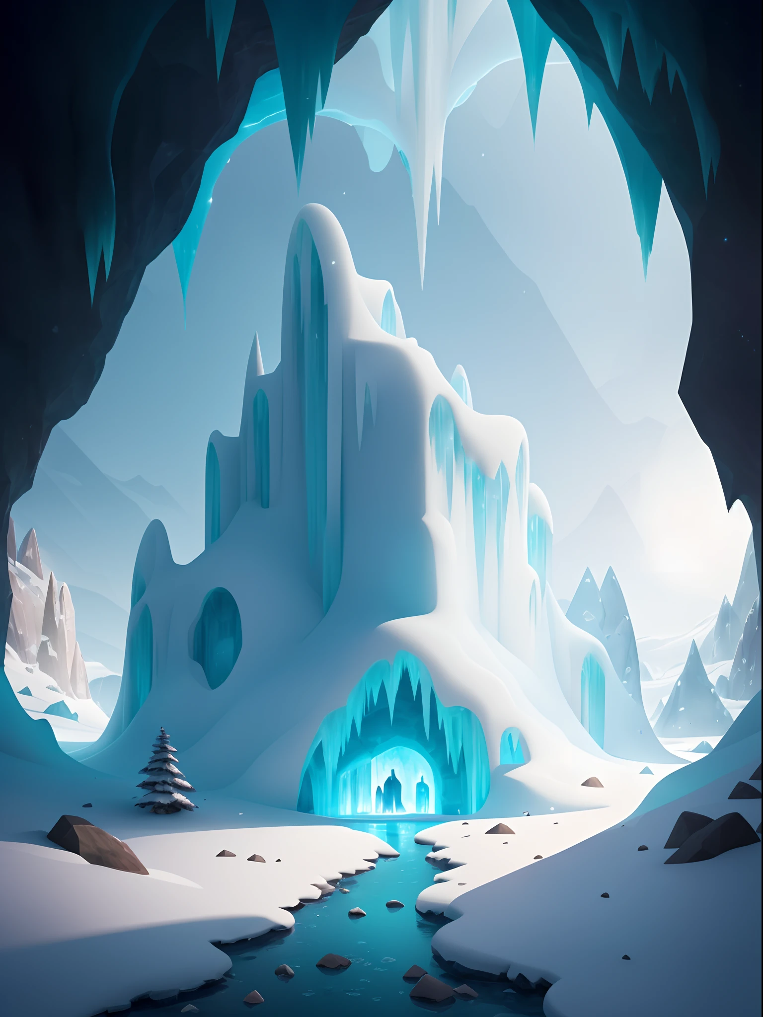 { {best qualtiy}}、{ {tmasterpiece}}、{ {ultra - detailed}}、{illustratio}、{Detailed light}、{Extremely Delicately Beautiful} Beautiful soft ice cubes deep in the cave, Landscape snow freeze, Island, Magnificent background, Nature, Pixar cartoon kids style, Scenes loved by kids, Soft and gentle, Has beautiful natural light, Mine caves, Children's style, Cute, Best quality, Disney style, ice mountain, Icicles grow on the top of the cave, Ice cubes and crumbs, smooth shapes