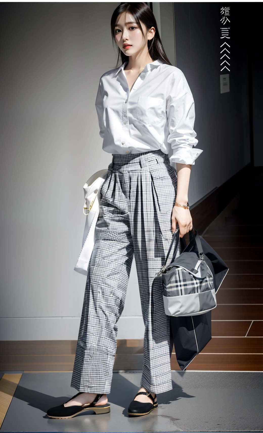 Ala Fed woman with plaid bag in white shirt and gray pants, style of yoshii chie, by Kiyohara Tama, Saggy Audi style, by Hiroshi Honda, rena nounen style 3/4, style of masami kurumada, by Yamagata Hiro, by Naondo Nakamura, by Tadashi Nakayama