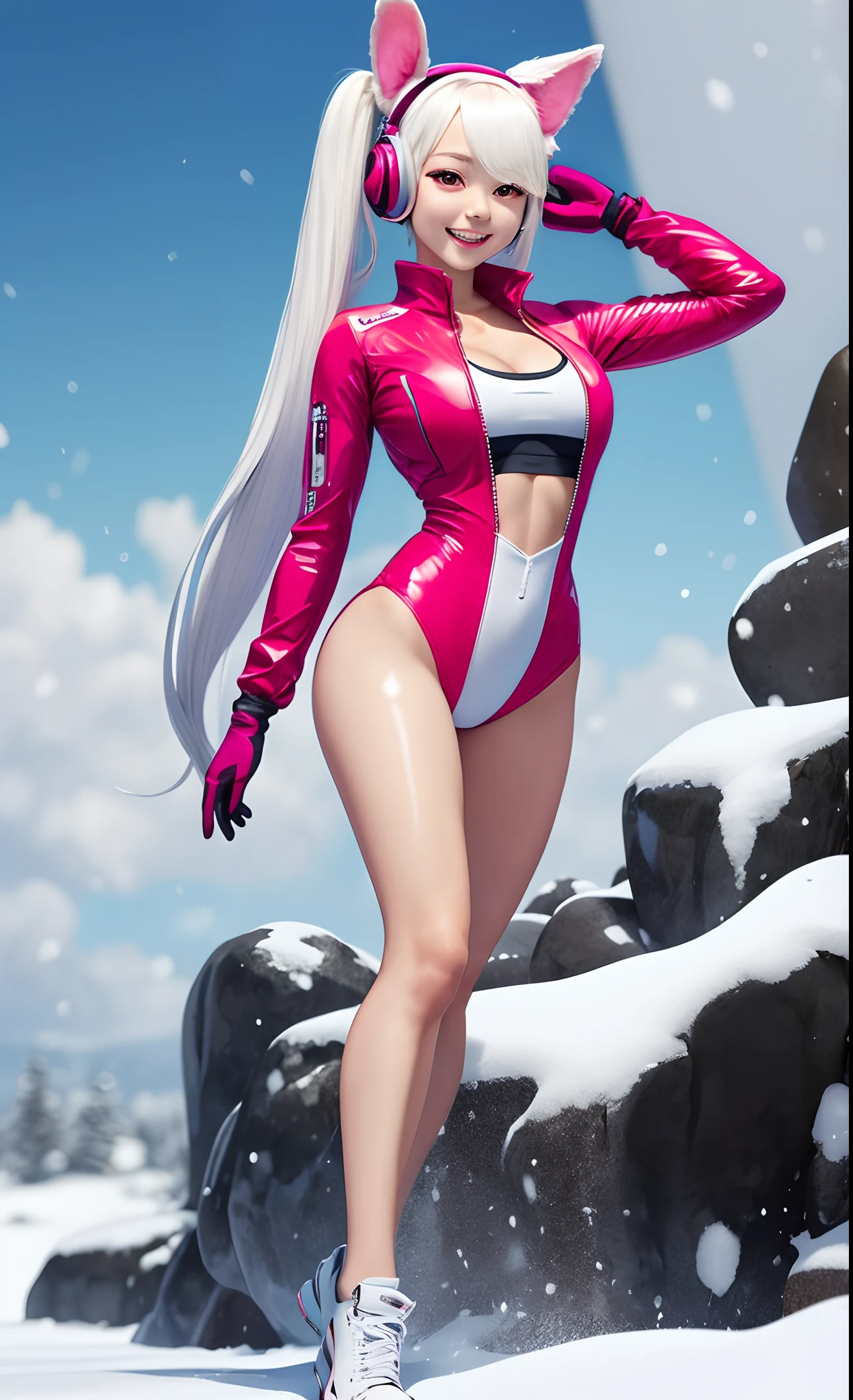 (RAW photo, best quality, masterpiece:1.2), (realistic, photo-realistic:1.4),(masterpiece:1.4),(best quality:1.4),1girl, solo, :d, animal ear headphones, animal ears, arms up, bangs, blush, bodysuit, breasts, bunny pose, clothes writing, covered navel, cowboy shot, cropped jacket, fake animal ears, gloves, outdoor,morning,snow, hair intakes, headphones, impossible bodysuit, impossible clothes, jacket, large breasts, latex, latex bodysuit, long hair, long sleeves, looking at viewer, large breasts, multicolored gloves, open mouth, pink bodysuit, pink eyes, red eyes, red jacket, shiny clothes, shrug \(clothing\), sidelocks, skin tight, smile, thigh gap, thighs, twintails, very long hair, white gloves, white hair,alice \(nikke\),(shiny skin),realistic,