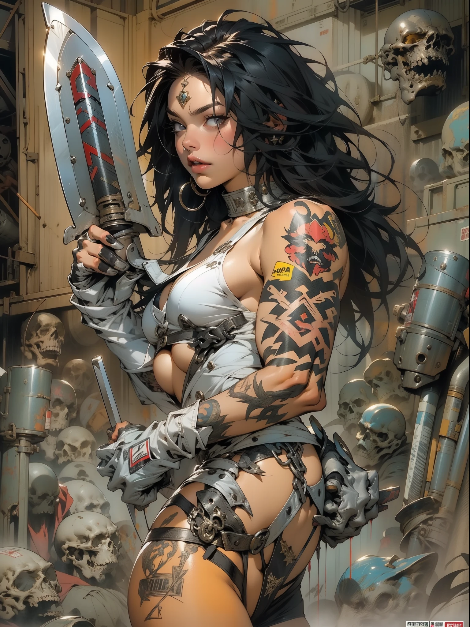 close de uma guerreira mulher de 35 anos musculosa quase nua no estilo Simon Bisley para a capa da revista Heavy Metal, cabelo metade preto metade branco, Minimum clothing, Roupas curtas, (((mulher))), (((melhor qualidade))), (((obra prima))), (((adulta))), Uma guerreira mulher de 35 anos com corpo perfeito, Brooklyn Gladiators, hand with steel gloves and metal tips, (( under boobs )), (( Tiny thong )), quase nua no estilo selvagem urbano de Simon Bisley para a capa da revista 2000 A.D., cabelo curto desalinhado, Minimum clothing, arm with heavy metal protection full of tips, tatuagem tribal, estrelas de 5 pontas, (((corpo inteiro))), cabelo preto curto com franja branca cobrindo a testa