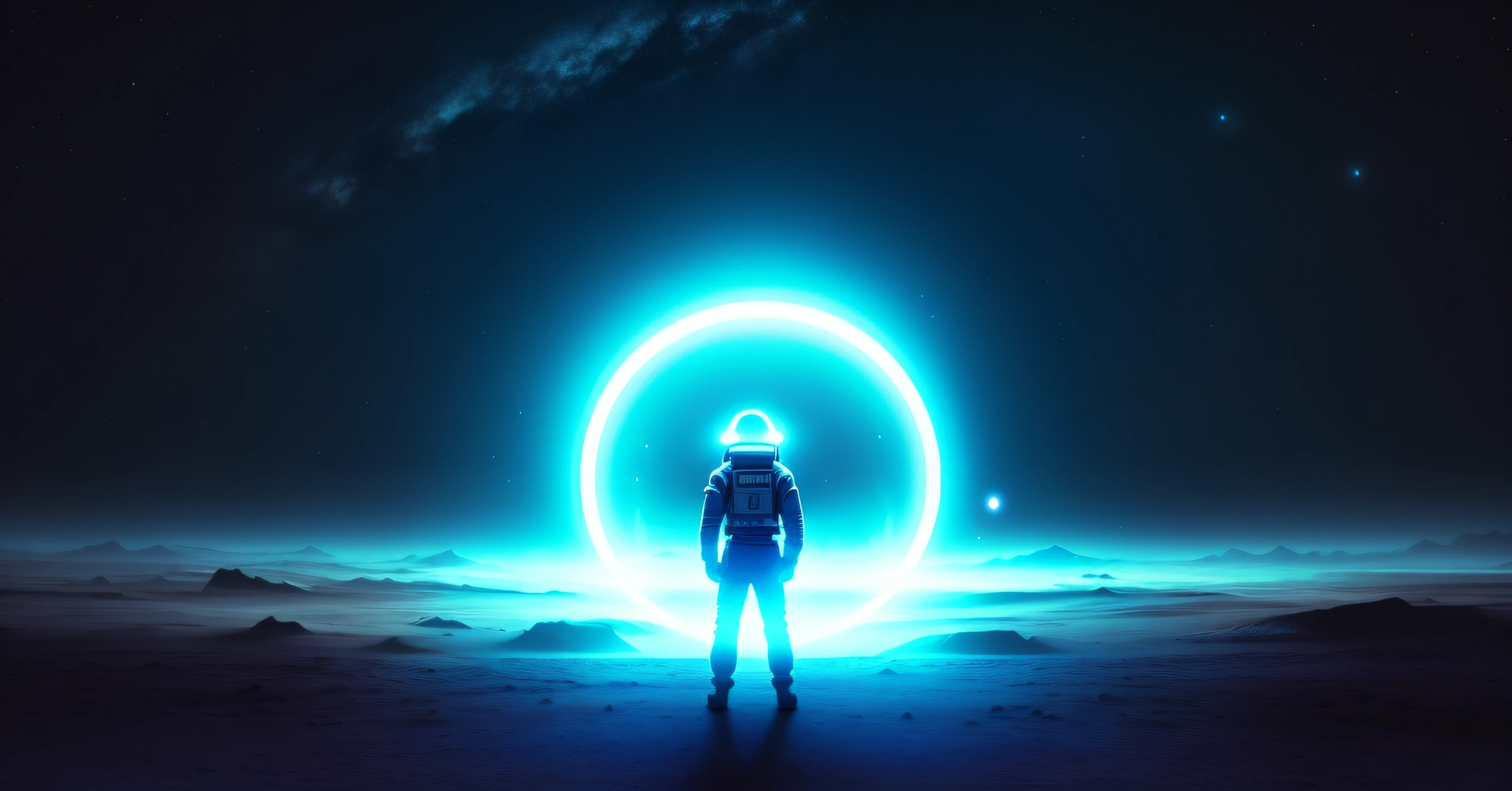 A man stands in front of a glowing circle on a dark background, portal to outer space, portal in space, trending on shutterstock, astronaut lost in liminal space, astronaut on the moon, male with halo, lonely astronaut, interstellar infinity portal, depicted as a scifi scene, High quality fantasy stock photo, astronaut stranded on planet, sci - fi film still