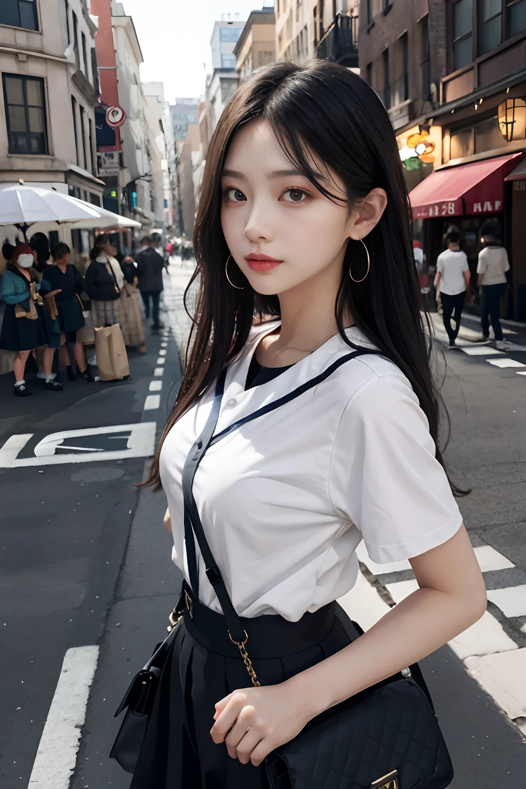 best qualtiy,tmasterpiece,超高分辨率,(realisticlying:1.4),RAW photogr,(Evening street),1个Giant Breast Girl,黑The eye,long whitr hair,Light makeup,cparted lips,tiny ears,Baseball uniforms,ear studs,cross-body bags,Beautiful Women with Perfect Figure:1.4, (exteriors,beachside:1.1),the city street,Ultra-fine face,Fine eyes,二重まぶた