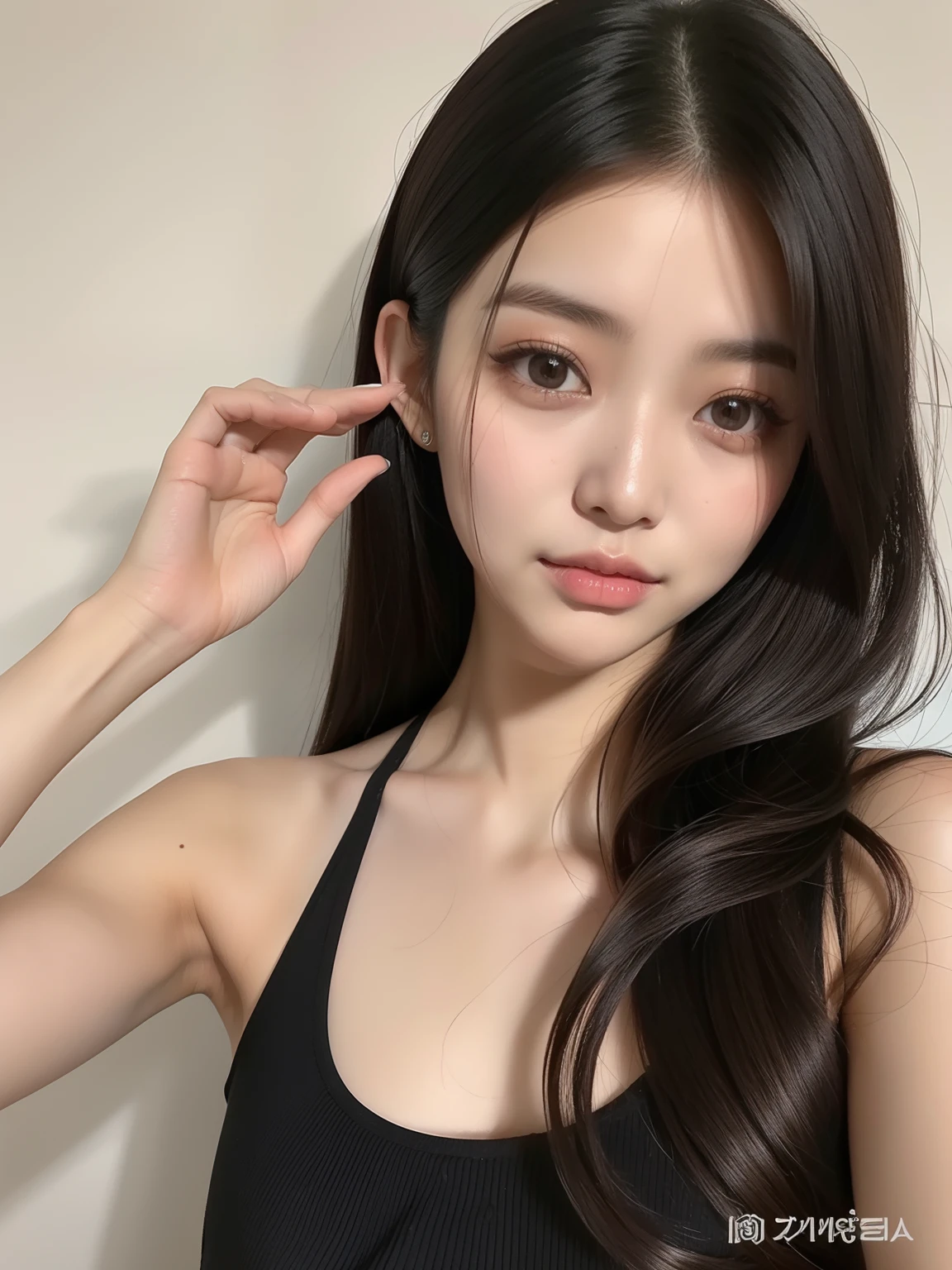 Araffe Asian woman with long black hair wearing a black top, Ulzzang, linda mulher coreana jovem, maquiagem coreana popular, maquiagem sul-coreana popular, young adorable korean face, cabelos pretos e olhos grandes, beautiful aesthetic face, coreana, Beautiful Asian girl, mulher coreana jovem bonita, rosto sexy com maquiagem completa, Mulher sul-coreana bonita, wan adorable korean face