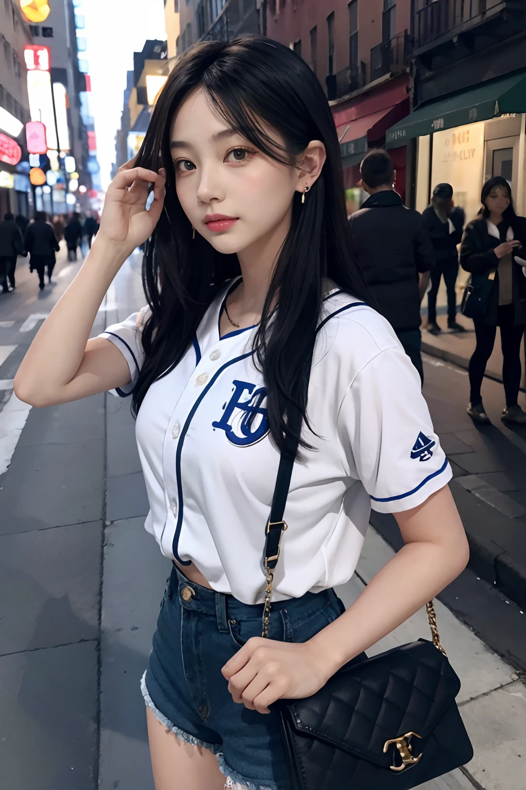 best qualtiy，tmasterpiece，超高分辨率，（realisticlying：1.4），RAW photogr，（Evening street），1个Giant Breast Girl，黑The eye，long whitr hair，Light makeup，cparted lips，tiny ears，Baseball uniforms，ear studs，cross-body bags，Beautiful Women with Perfect Figure:1.4, （exteriors，beachside：1.1），the city street，Ultra-fine face，Fine eyes，二重まぶた