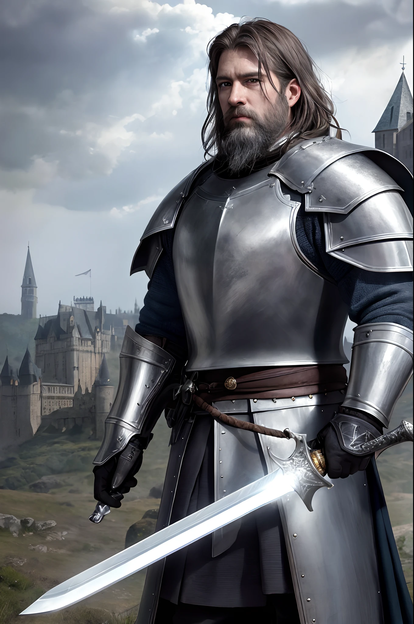 photorealistic, top quality, masterpiece, cinematic composition, slow motion, (medium shot of a medieval knight, sombre and weathered face, beard, grey hair:1.2), chain mail and plate armour, (realistic and detailed|intricate armour:1.1), (visible face:1.3), (photorealistic physiognomy|eyes|iris|skin|musculature, detailed skin, skin texture, natural skin), (holding a sword in his hand:1. 2), frontal perspective, imposing and determined pose, looking forward with determination, skin imperfections, natural skin wrinkles, natural skin spots, highly detailed clothes, abundant details, intricate details, realistic wrinkles in clothing, medieval fantasy landscape, cloudy sky, castle in the background in the distance, radiant lighting, deep shadows, dramatic scene, dark and cool colour palette, blue and grey tones, No other characters in the scene, abundant detail|intricate, detailed landscape, volumetric lighting, (detailed lighting), (detailed light reflections on armour:1. 1), 8k, highly detailed, UHD, HDR, photorealistic facial expression|hairstyle