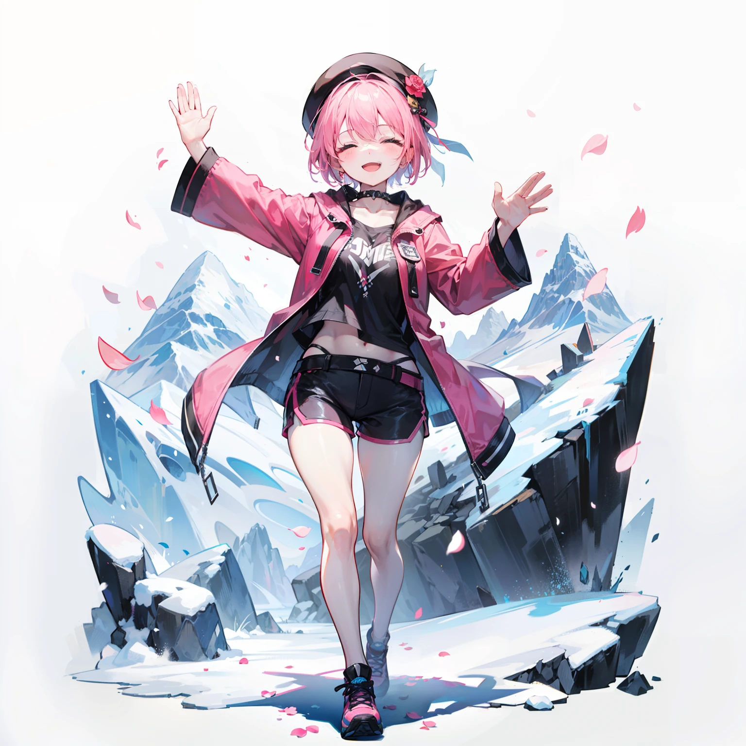 1girll，独奏，[[[full bodyesbian]]]，standing on your feet，（pink short hair），(Heads-up)，（beret），（Pink and black punk jacket） ，（（Short hot pants）），ssmile，Waving，((Squint and smile))，[White background 1：：5]，flatchest，Toddler body type，Short height,Small size for children，Raise your arms high，petals，snow mountains