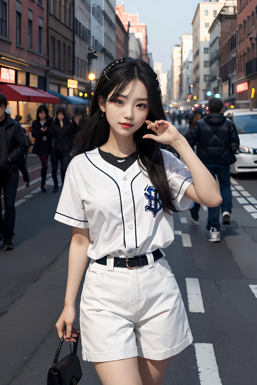 best qualtiy，tmasterpiece，超高分辨率，（realisticlying：1.4），RAW photogr，（Evening street），1个Giant Breast Girl，黑The eye，long whitr hair，Light makeup，cparted lips，tiny ears，Baseball uniforms，ear studs，cross-body bags，Beautiful Women with Perfect Figure:1.4, （exteriors，beachside：1.1），the city street，Ultra-fine face，Fine eyes，二重まぶた