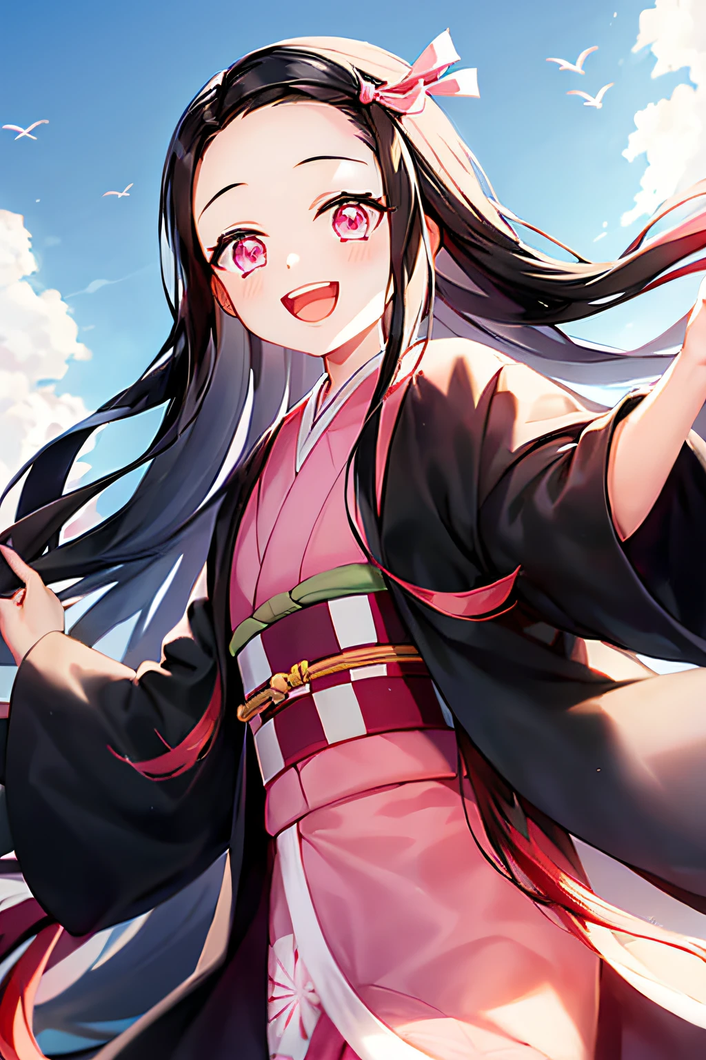 kamado nezuko, 1girl, black hair, forehead, hair ribbon, japanese clothes, kimono, long hair, multicolored hair, open mouth, pink eyes, pink kimono, pink ribbon, ribbon, smile, very long hair, sky, ((masterpiece))