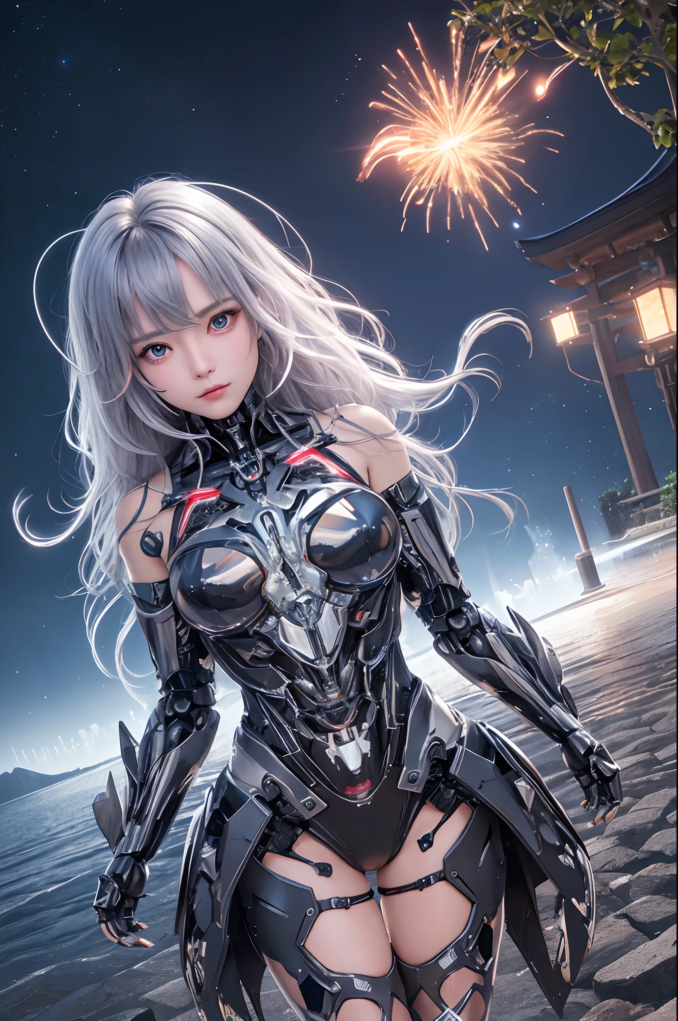cowboy shot, caustics,reflection,ray tracing,demontheme,nebula,dark aura,cyber effect, (1girl:1.4),solo,alone,mecha musume,mechanical parts, robot joints,single mechanical arm, headgear, mechanical halo,star halo,intricate mechanical bodysuit, mecha corset, kimono, full armor, very long hair,white hair, hair between eyes, multicolored hair, colored inner hair, red eyes,glowing eye,eye trail, random expressions,random action, ancient japanese architecture,pond, starry sky,skyline,