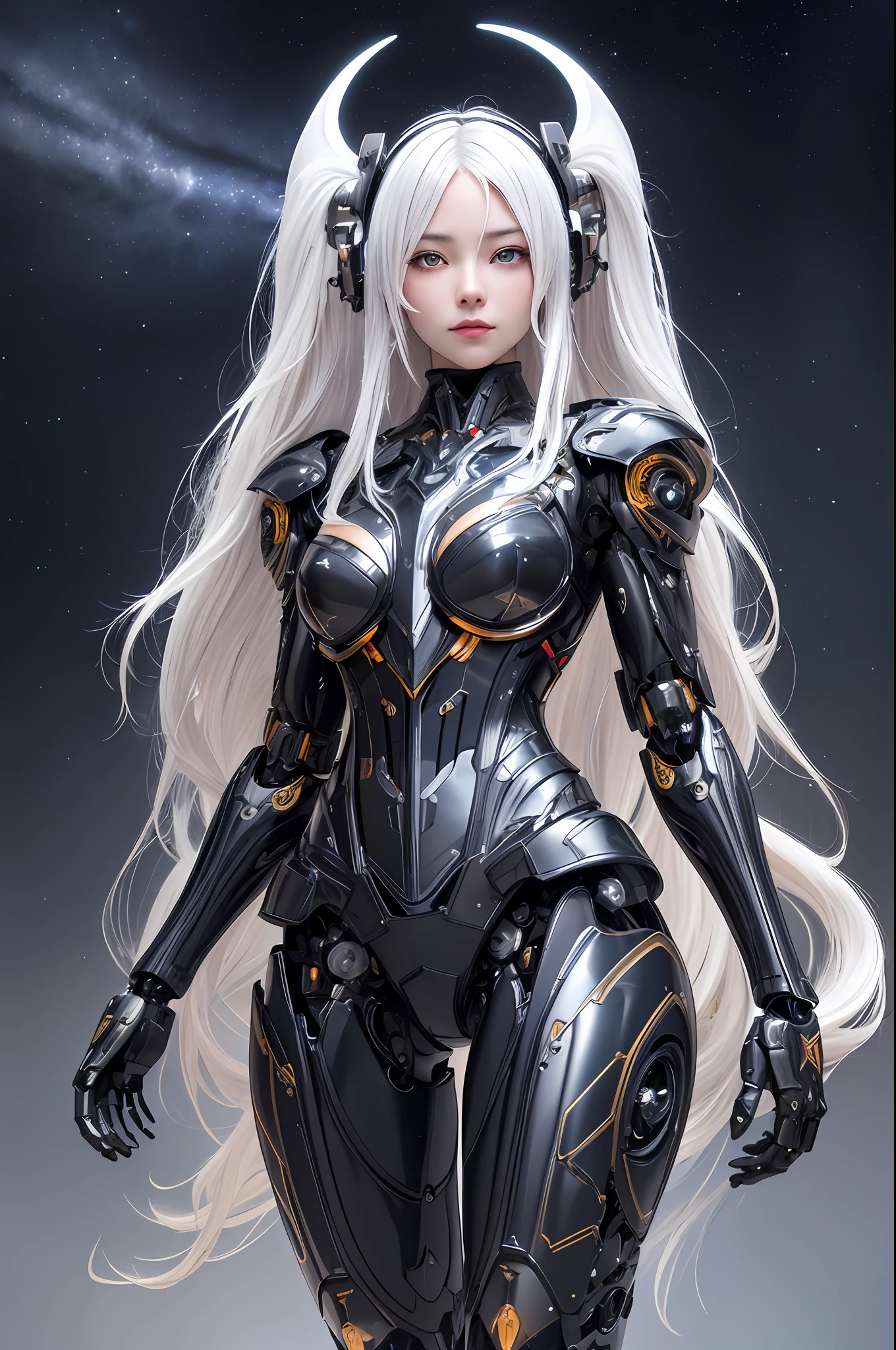 masterpiece,best quality,ultra-detailed,very detailed illustrations,extremely detailed,intricate details,highres,super complex details,extremely detailed 8k cg wallpaper,cowboy shot, caustics,reflection,ray tracing,demontheme,nebula,dark aura,cyber effect, (1girl:1.4),solo,alone,mecha musume,mechanical parts, robot joints,single mechanical arm, headgear, mechanical halo,star halo,intricate mechanical bodysuit, mecha corset, full armor, very long hair,white hair, hair between eyes, multicolored hair, colored inner hair, red eyes,glowing eye,eye trail, random expressions,random action, ancient japanese architecture,pond, starry sky,skyline,