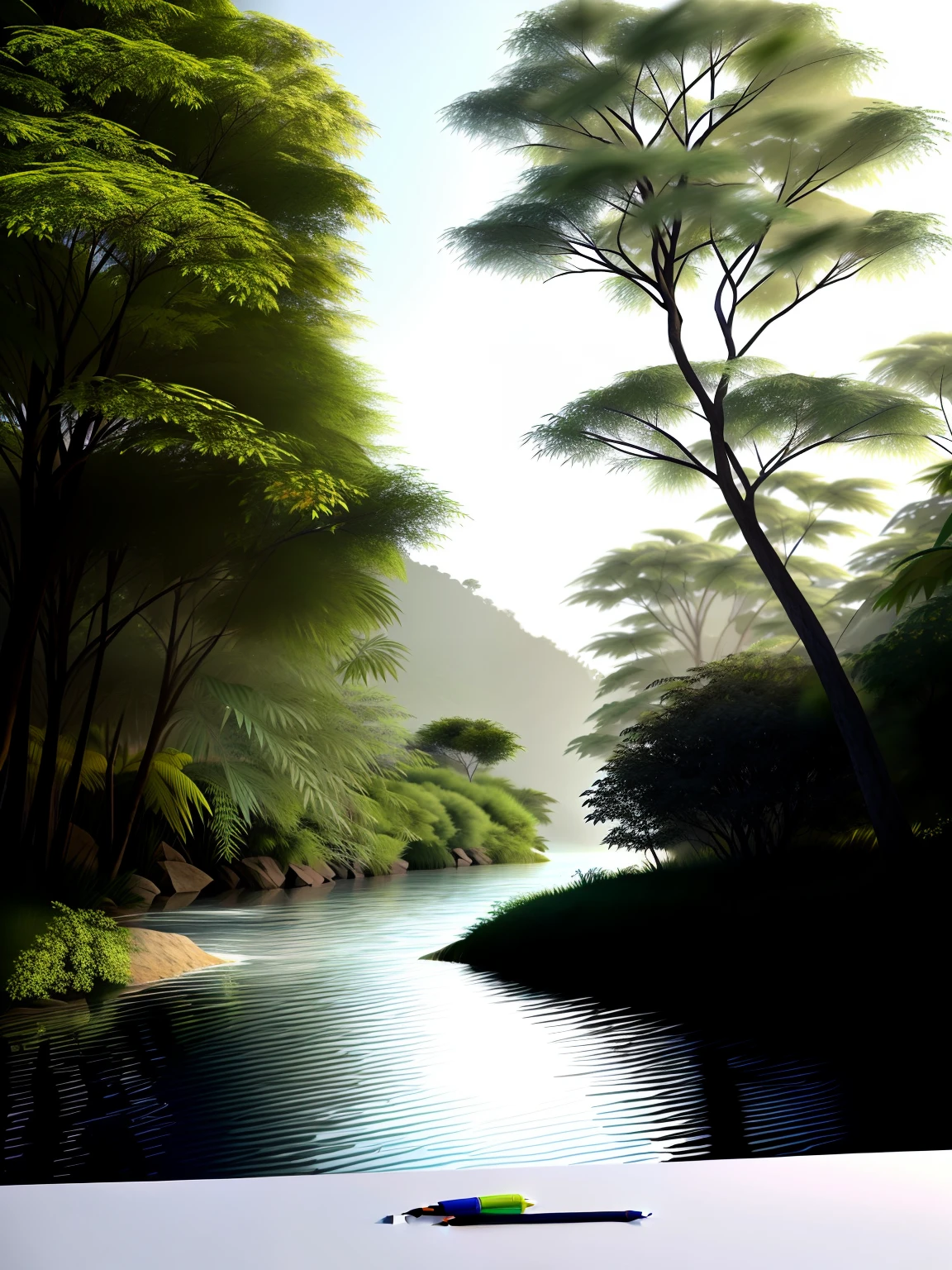((Hyler realista)), (Drawing a tree), entre dois lagos, pencil 2b, 8k, high resolution, alta qualidade, --ar 2:3
