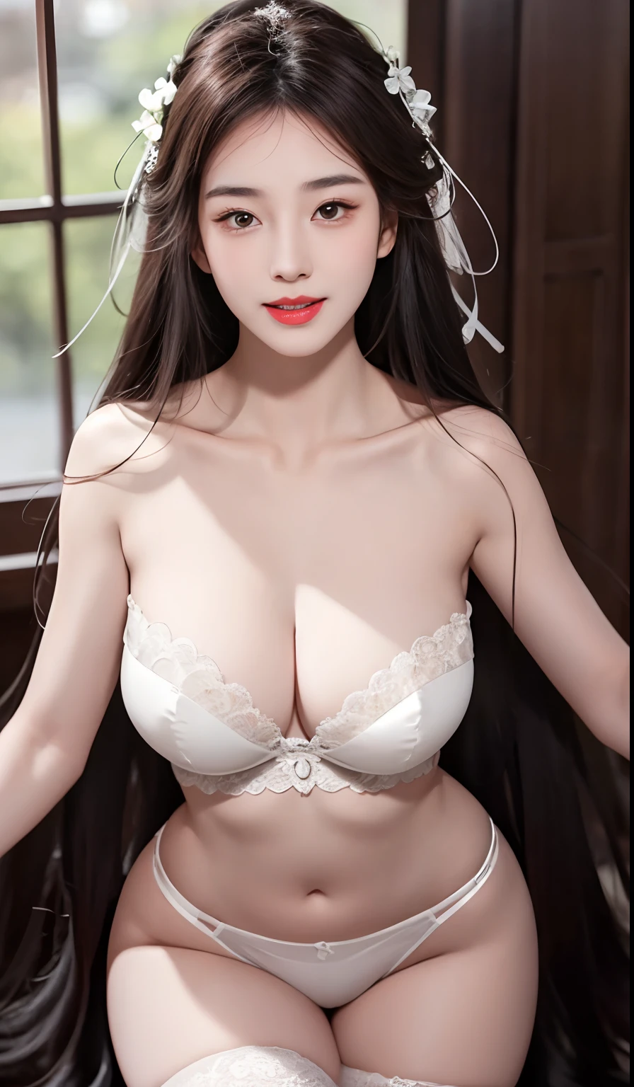 (long whitr hair:1.6),Floating hair,(White ribbon on hair),best qualtiy,tmasterpiece,illustratio,Extremely Delicately Beautiful,extremely detaile,CG,8k wallpaper,astounding,finedetail,tmasterpiece,best qualtiy,offcial art,the Extremely Detailed CG Unity 8K Wallpapers,Incredibly Ridiculous res,hugefilesize,A high resolution,extremely detaile,Beautiful Meticulous Girl,extremelydetailedeyesandface,beatiful detailed eyes,light in face,full bodyesbian,(full bodyesbian),tmasterpiece,Ultra photo realsisim,32K,best qualtiy,She was born beautiful,One shoulder,Perfect collarbone,Long black hair that reaches the waist,Big chest,deep v big breasts,She bent over,Camera exposure,She looked up,smiling at camera。She wears only white lace briefs for her lower body,Lace,Reveal a delicate and perfect navel,Perfect slim fingers,Fair skin all over the body,Smooth and elastic。