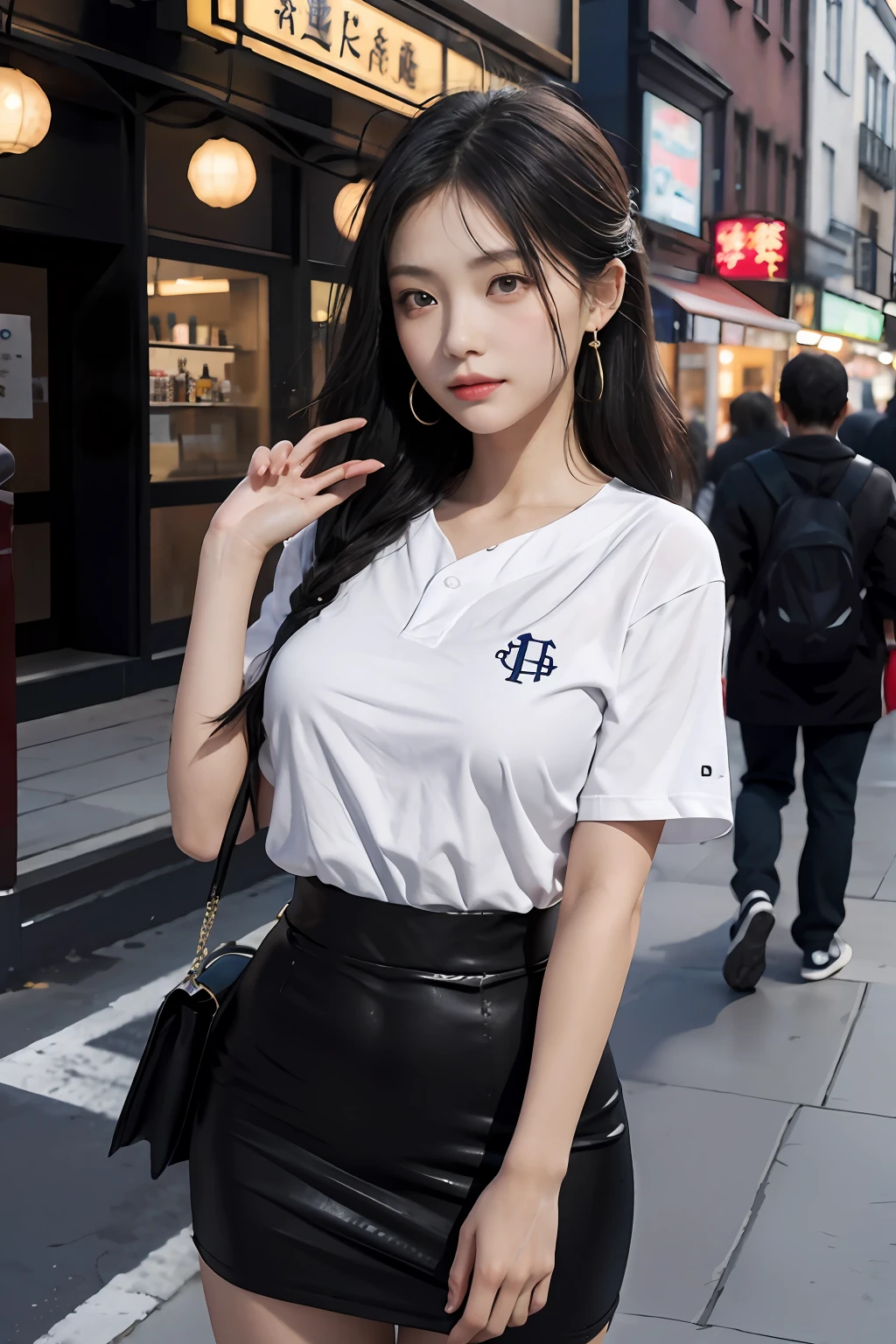 best qualtiy，tmasterpiece，超高分辨率，（realisticlying：1.4），RAW photogr，（Evening street），1个Giant Breast Girl，黑The eye，long whitr hair，Light makeup，cparted lips，tiny ears，Baseball uniforms，ear studs，cross-body bags，Beautiful Women with Perfect Figure:1.4, （exteriors，beachside：1.1），the city street，Ultra-fine face，Fine eyes，二重まぶた